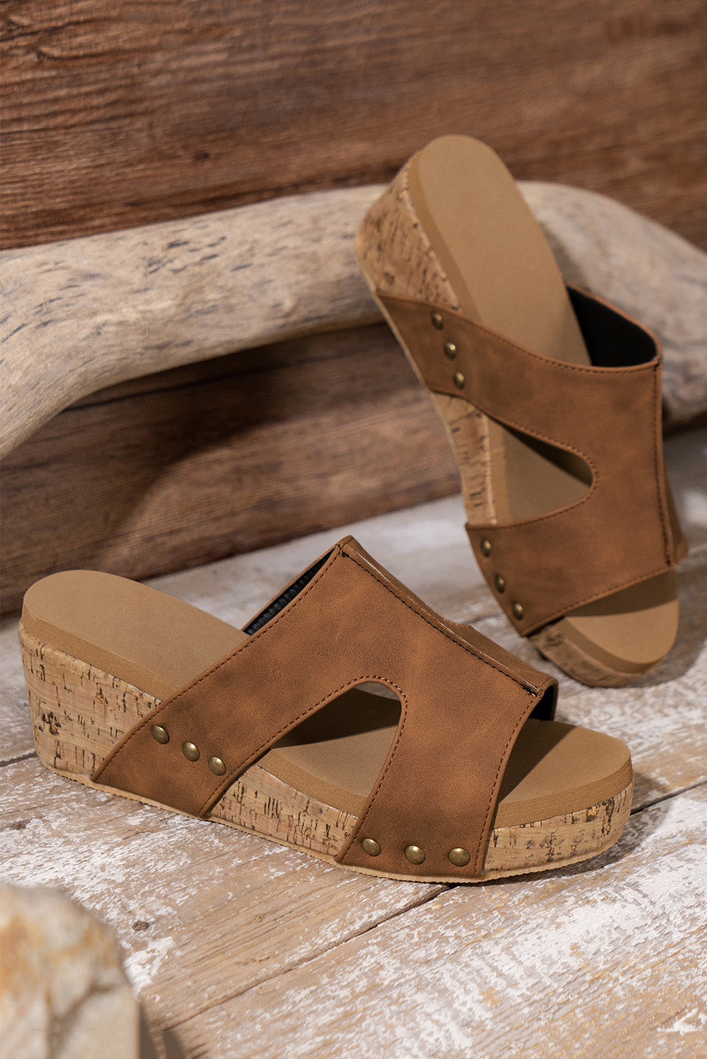 Brown Cut Out Rivet Slip-on Wedge Slippers