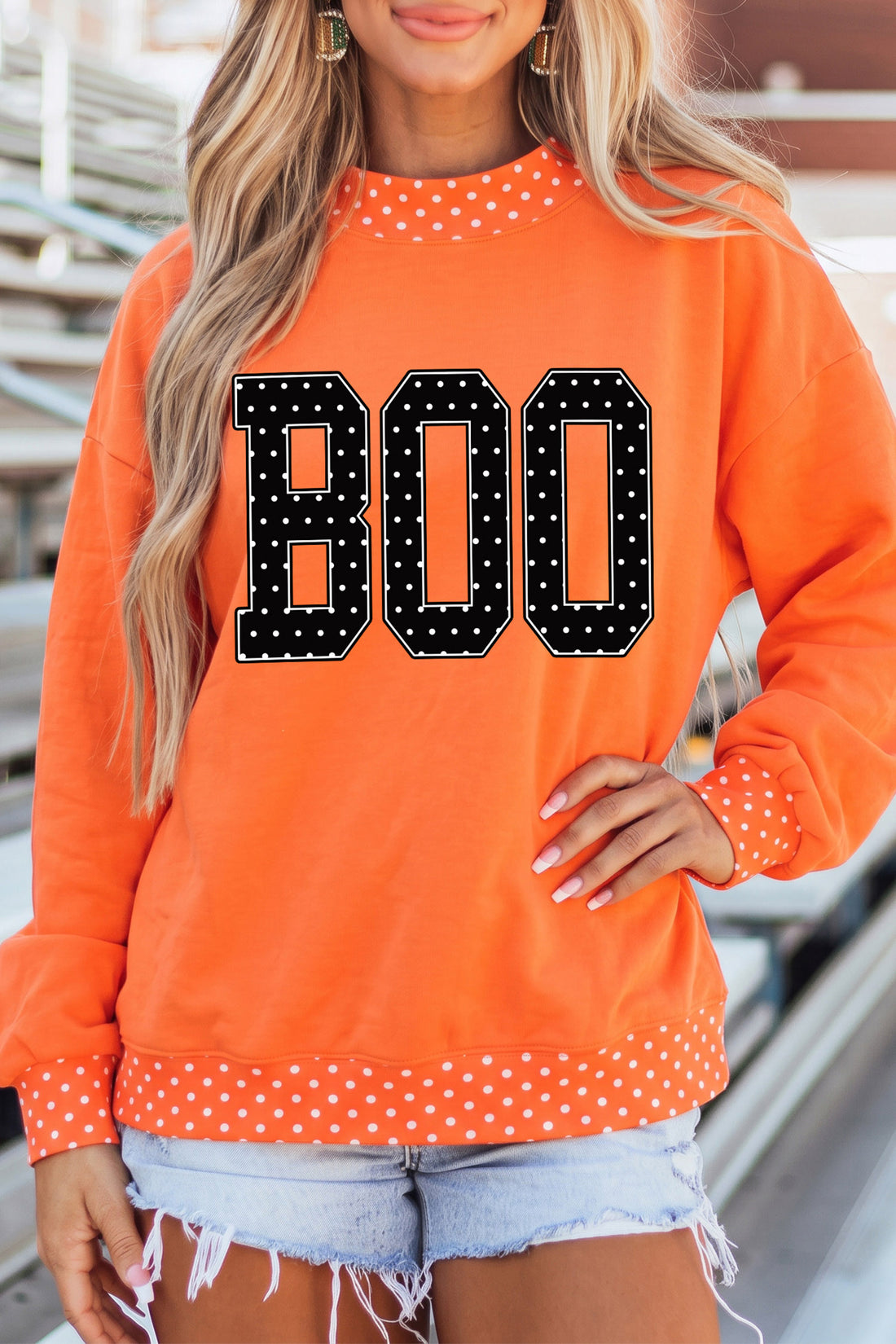 Orange Polka Dot Contrast Trim BOO Letter Print Baggy Graphic Sweatshirt
