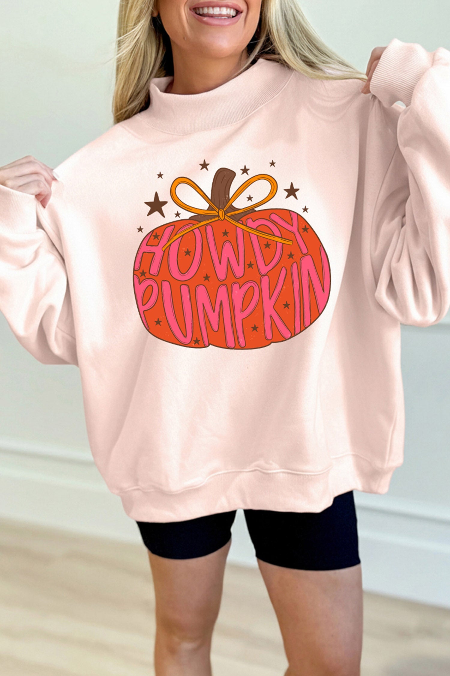 Light Pink Blessed Pumpkin Graphic Mock Neck Sweatshirt