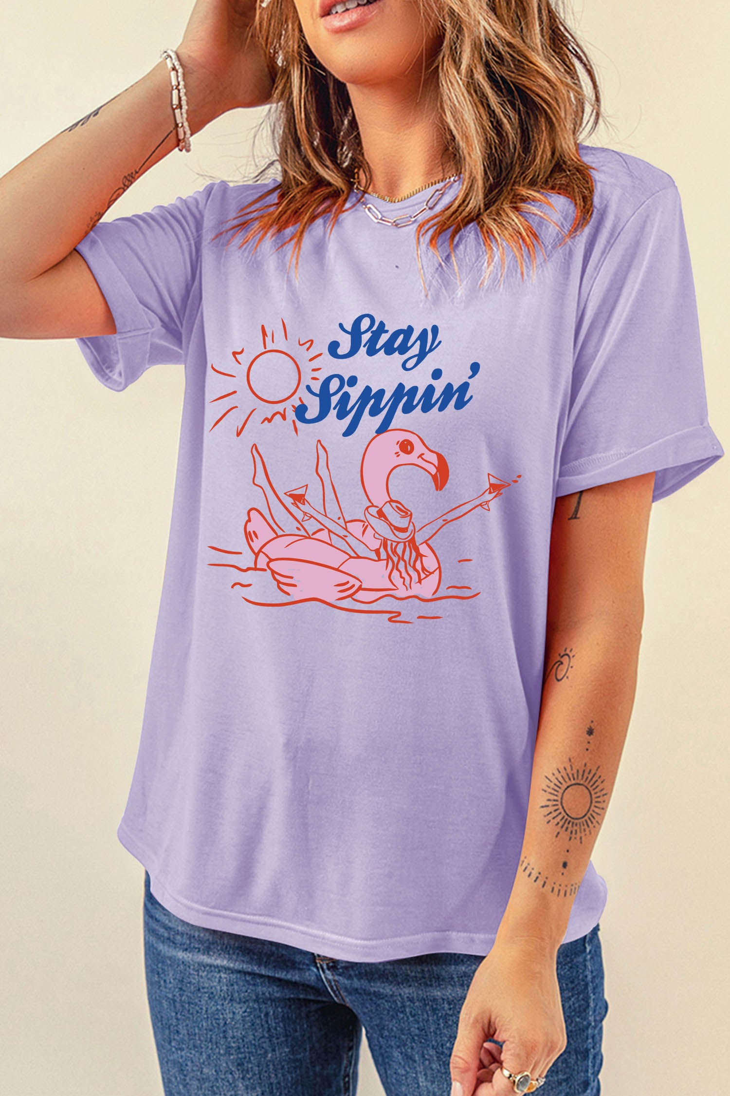 Orchid Petal Stay Sippin Vacation Style Graphic Tee