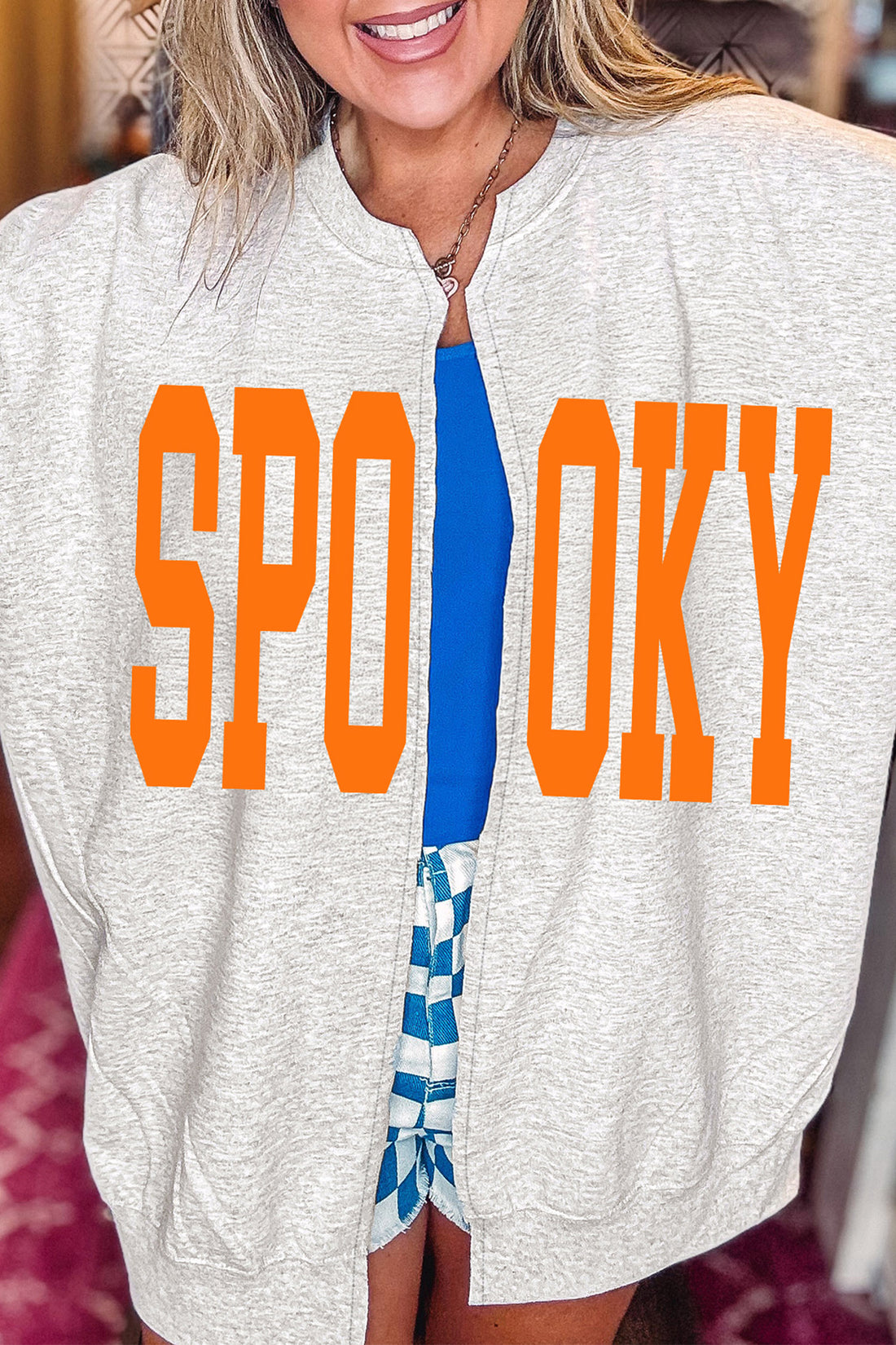 Light Grey Spooky Letter Print Graphic Open Front Split Sweatshirt
