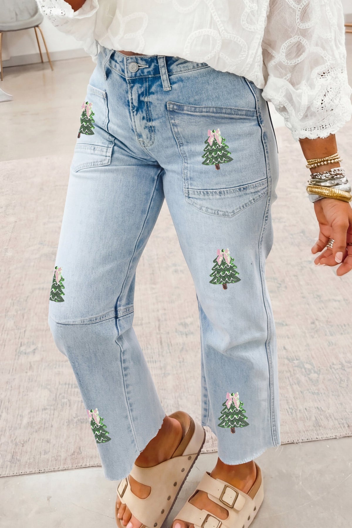 Beau Blue Sequin Christmas Tree Ankle Straight Jeans with Patched Pockets