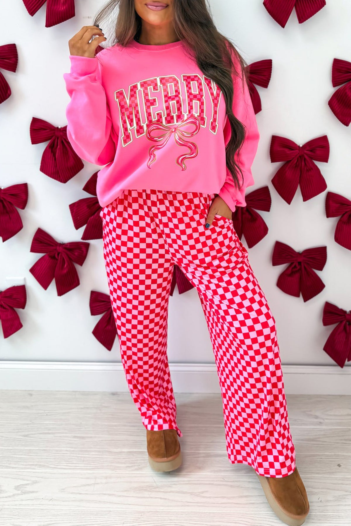 Pink Christmas Slogan Graphic Plaid Contrast Two-piece Pant Set