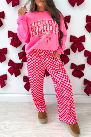 Pink Christmas Slogan Graphic Plaid Contrast Two-piece Pant Set