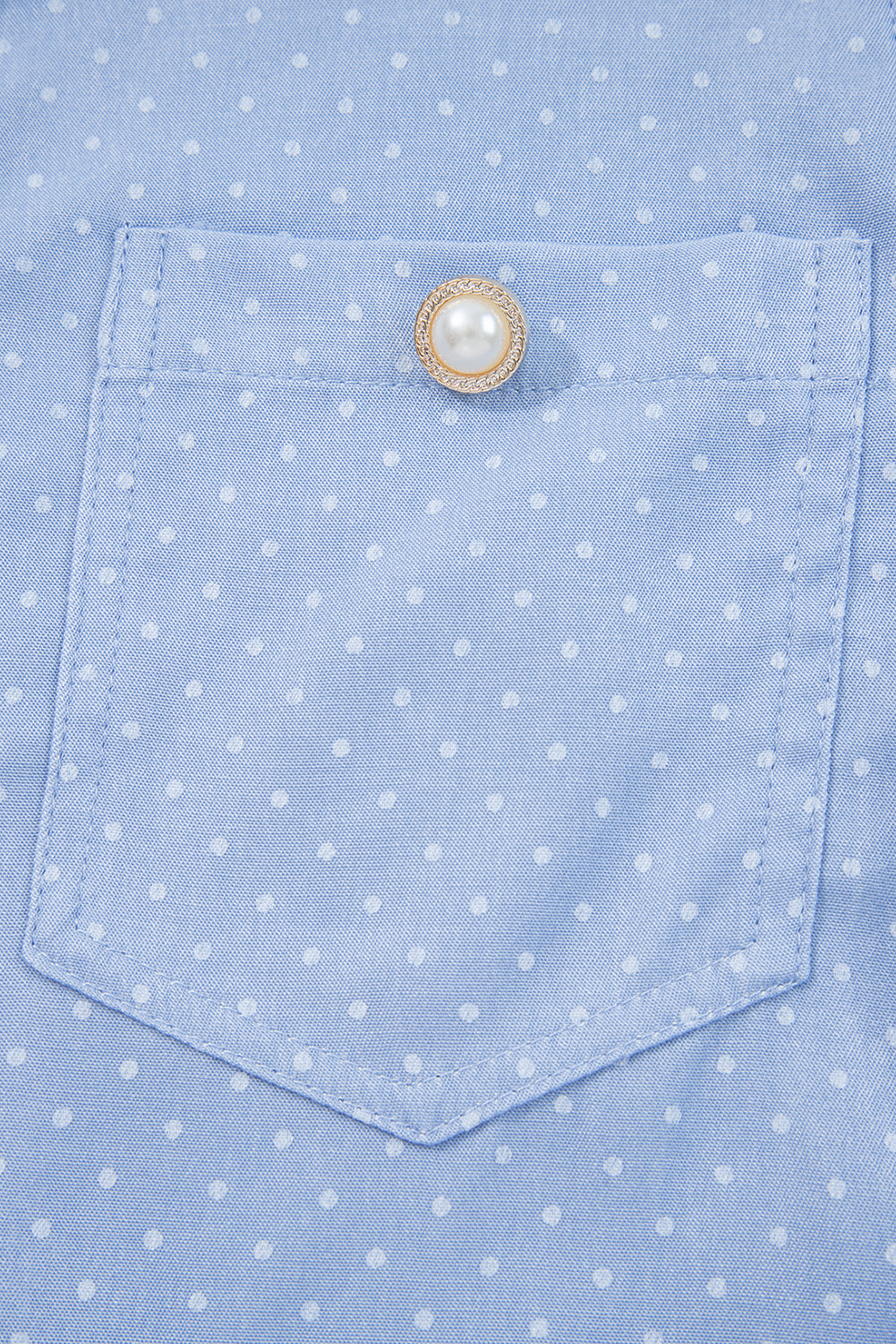 Beau Blue Lace Trim Patchwork Dotted Print Collared Denim Blouse