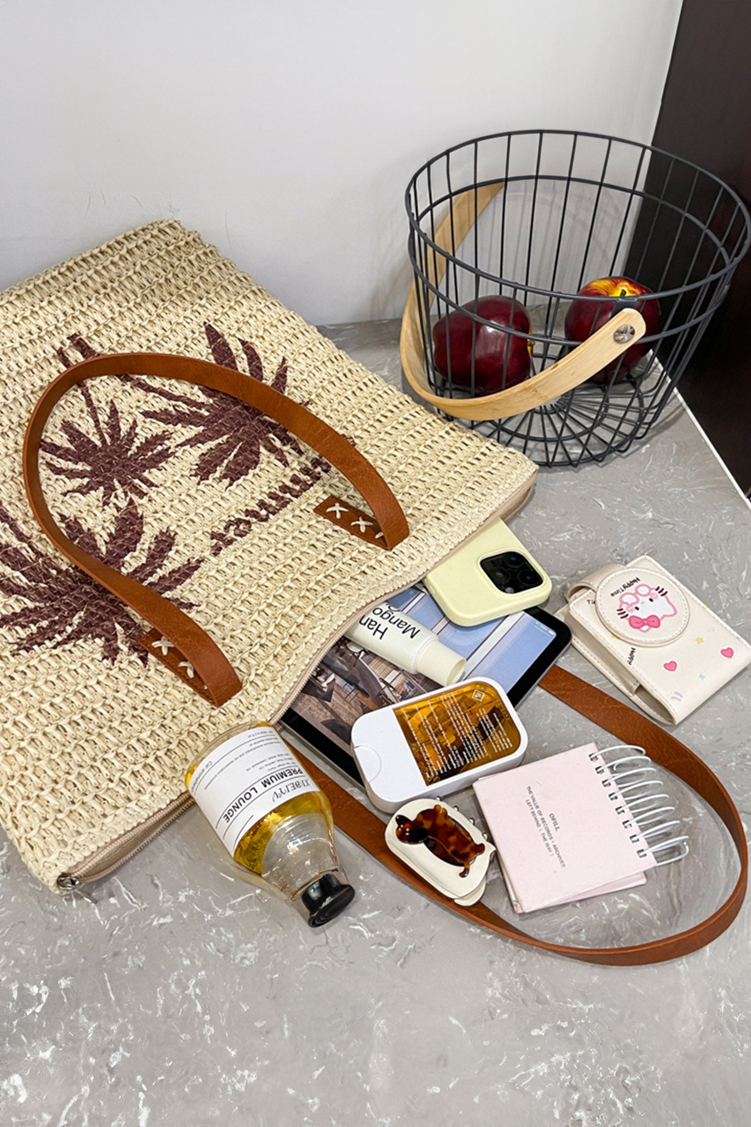 Khaki Straw Woven Summer Palm Tree Print Vacation Tote Bag