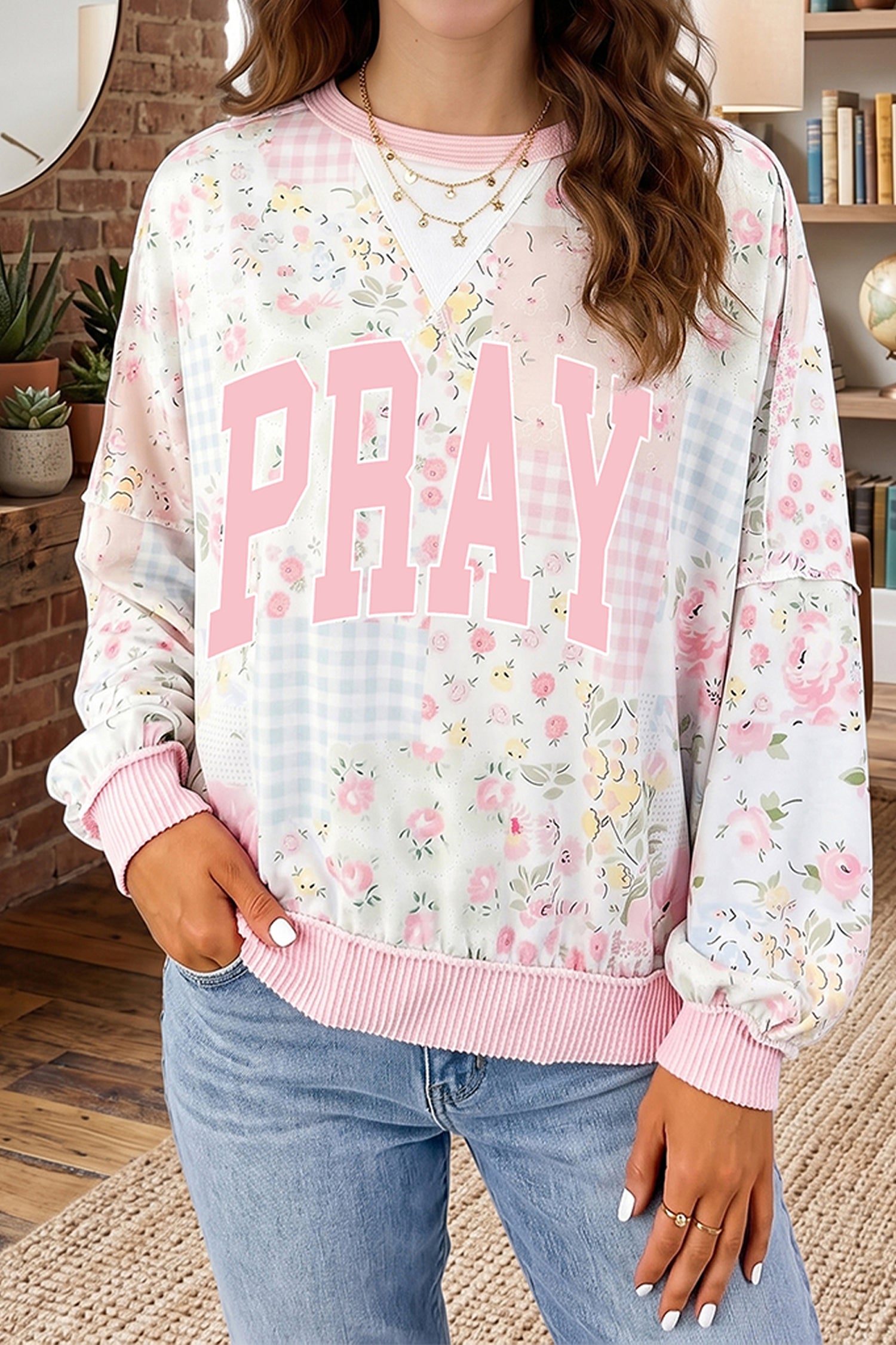 Pink PRAY Graphic Floral Mixed Print Patchwork Knit Top