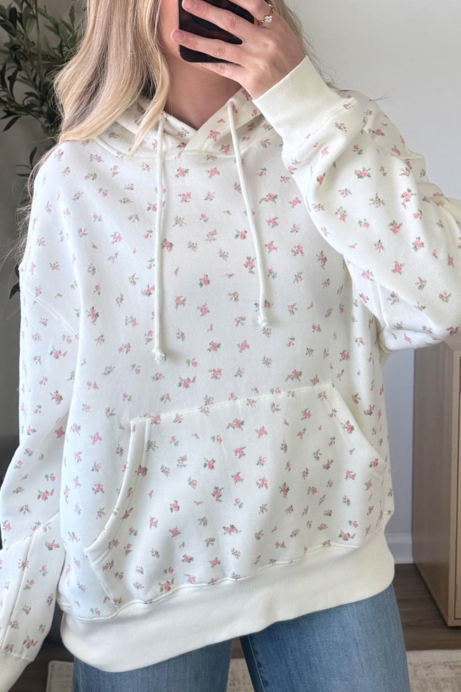 White Floral Print Ribbing Drawstring Hem Long Sleeve Hoodie