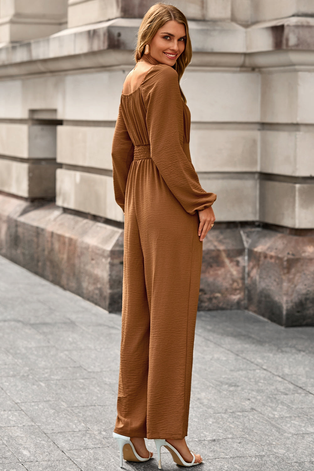 Chestnut Solid Color Long Sleeve Shirred Button Detail Straight Leg Jumpsuit