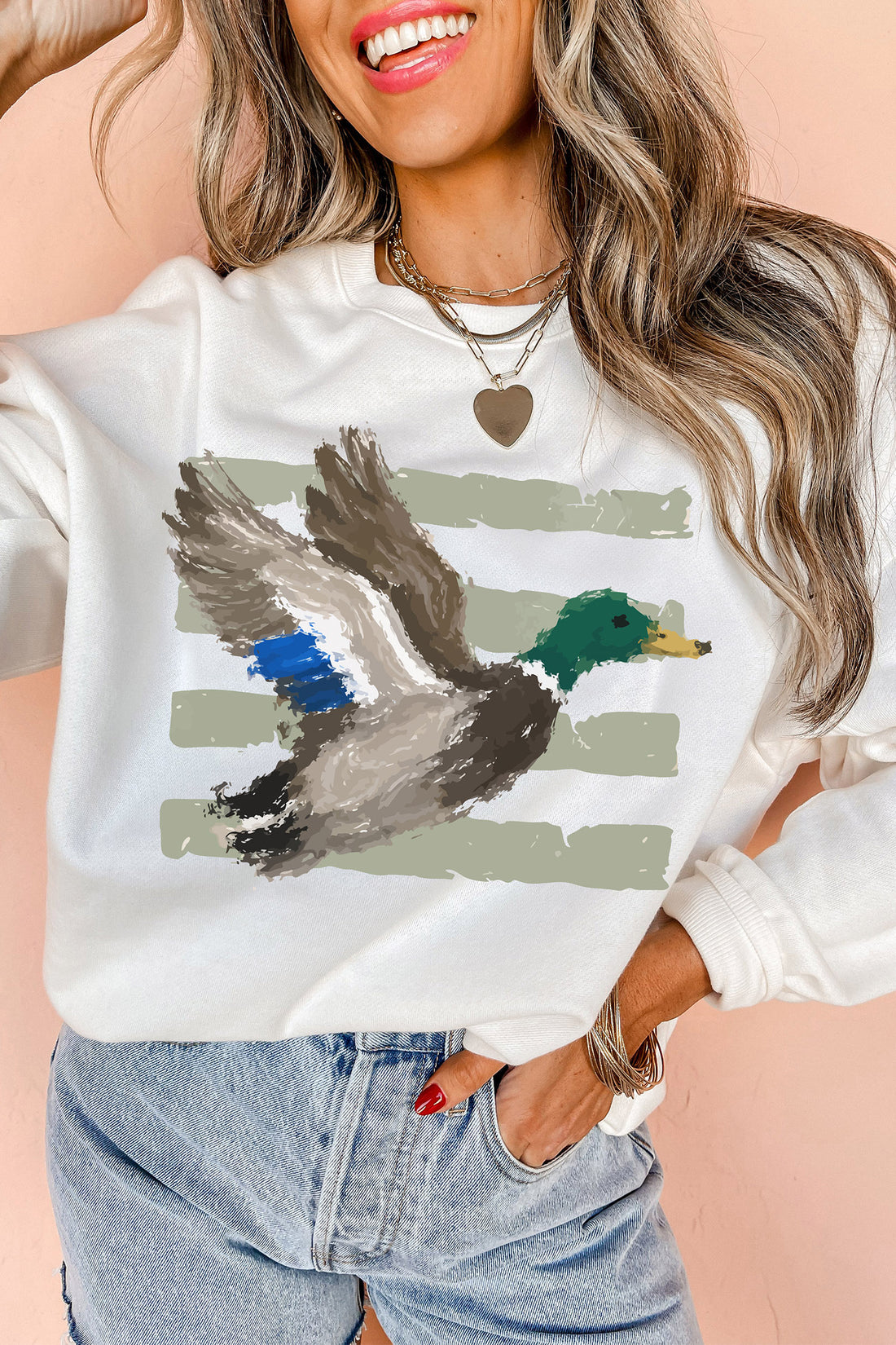 White Western Print Mallard Duck Graphic Casual Sweatshirt