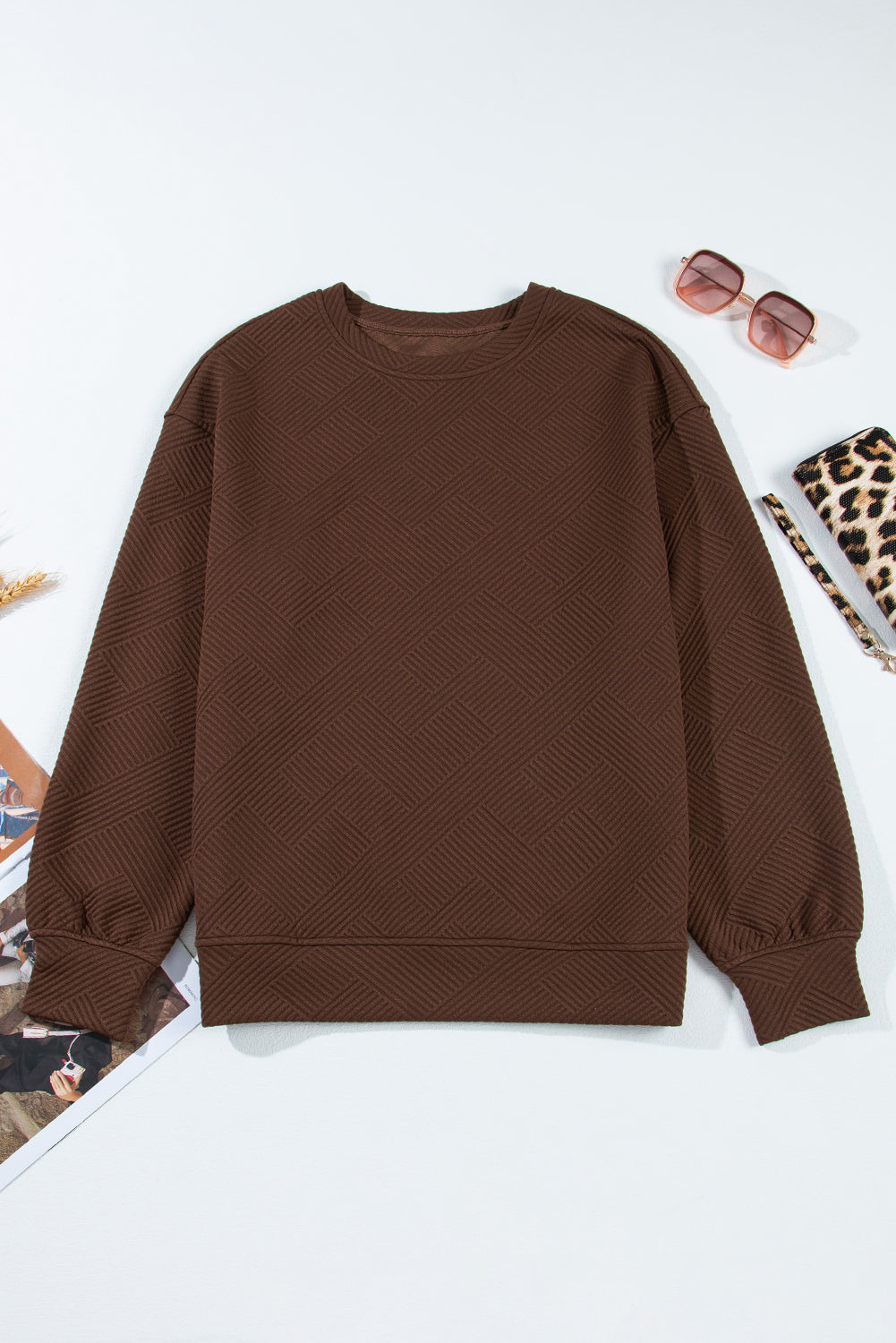Coffee Solid Color Textured Round Neck Drop Shoulder Pullover Sweatshirt