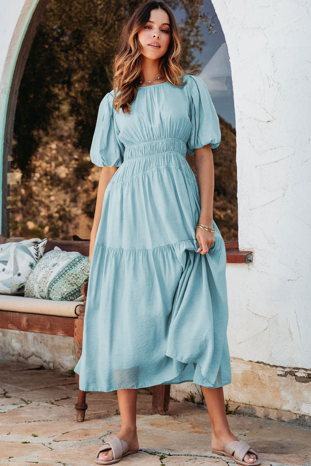 Light Blue Puff Sleeve Pleated High Waist Flowy Midi Dress