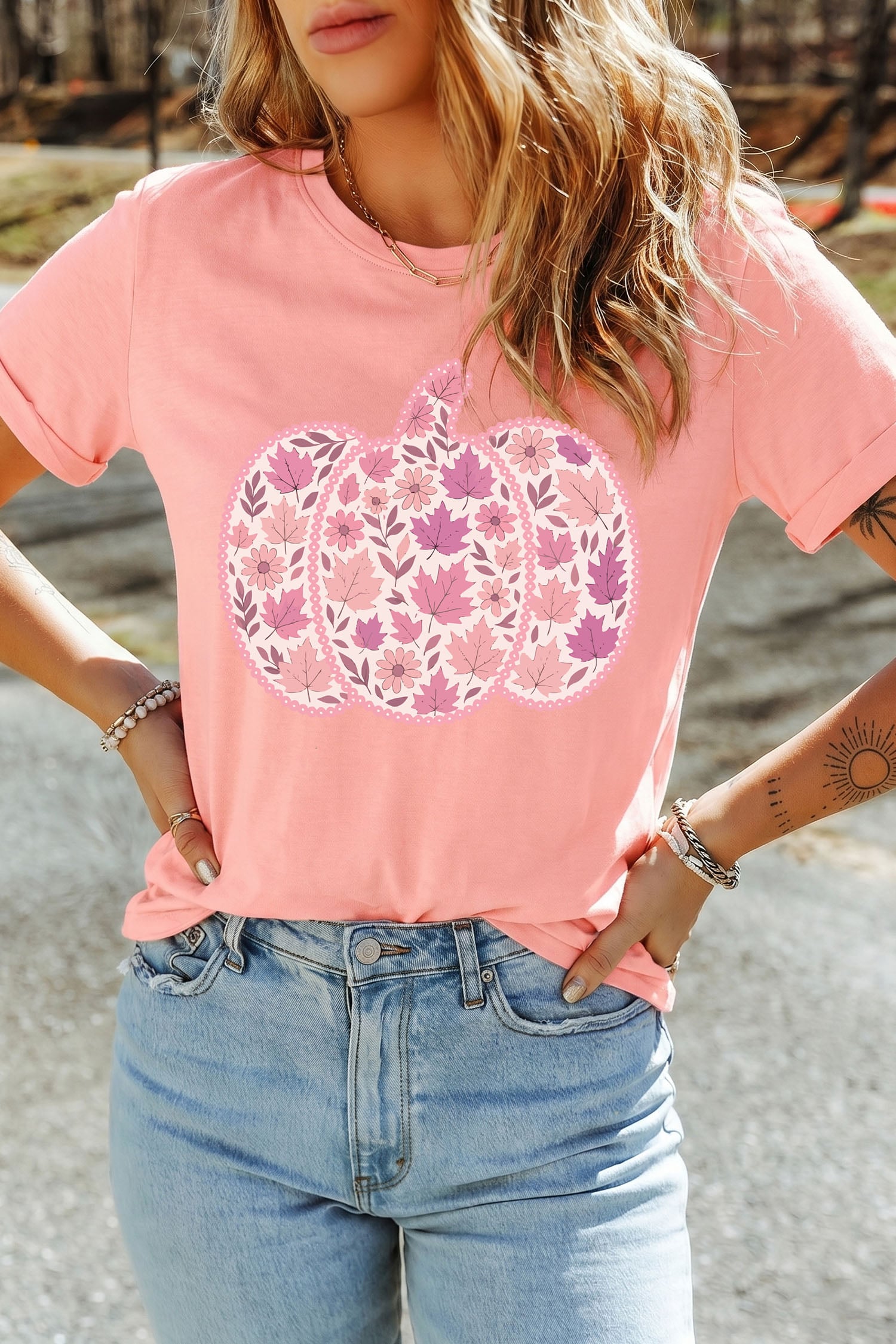 Pink Leafy Floral Pumpkin Graphic Casual Round Neck T Shirt