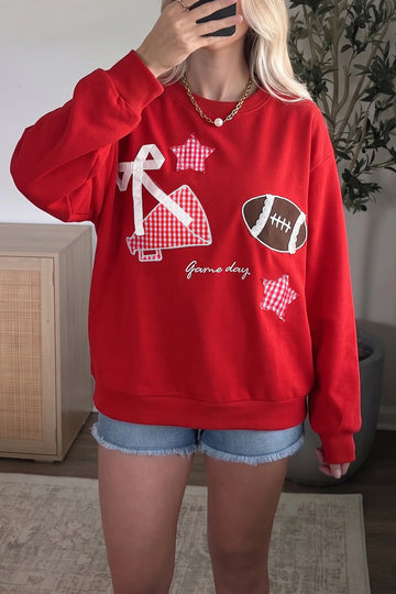 Racing Red Gingham Patch Embroidered Rugby Game Day Stars Sweatshirt