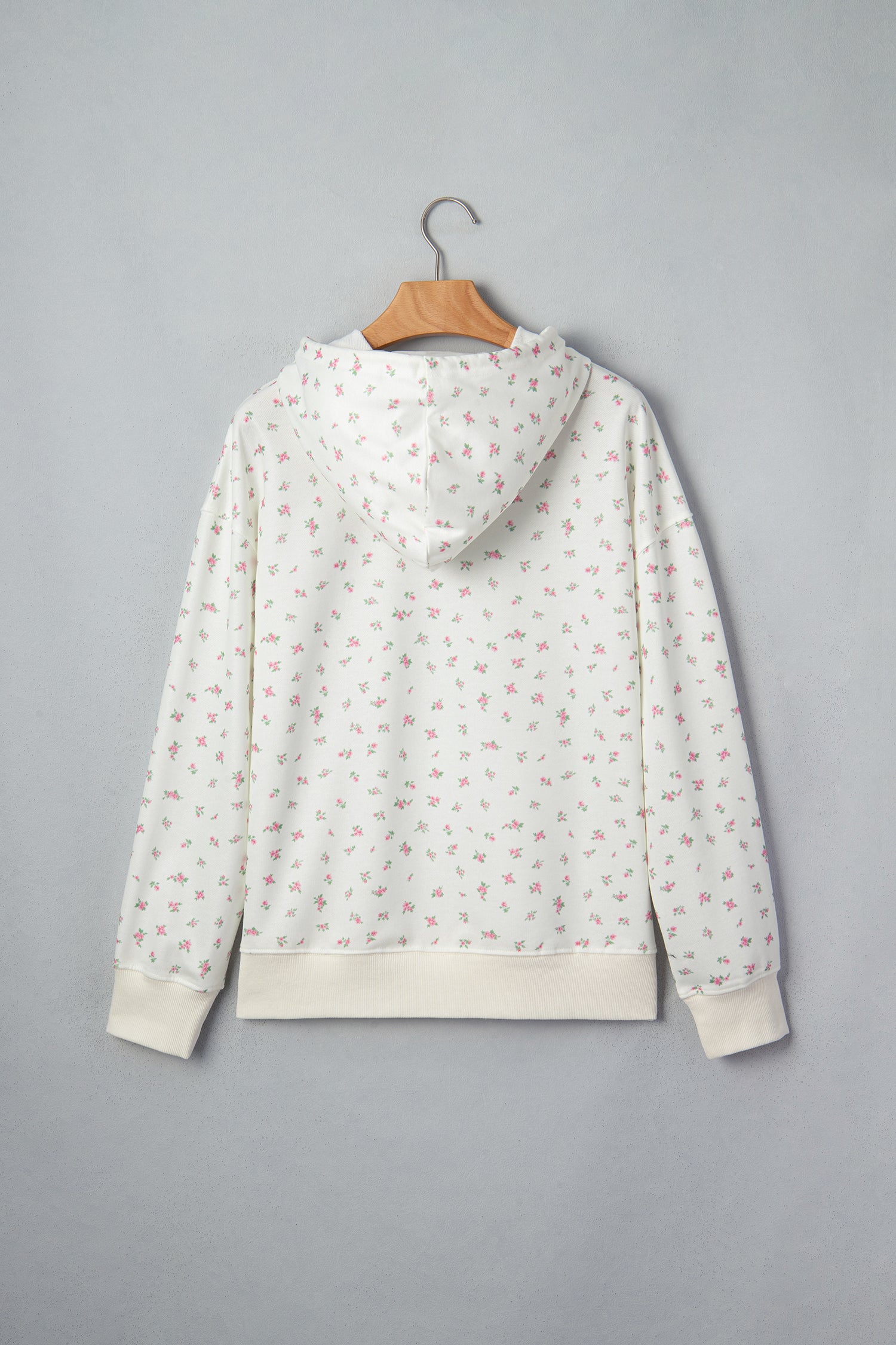 White Floral Print Ribbing Drawstring Hem Long Sleeve Hoodie
