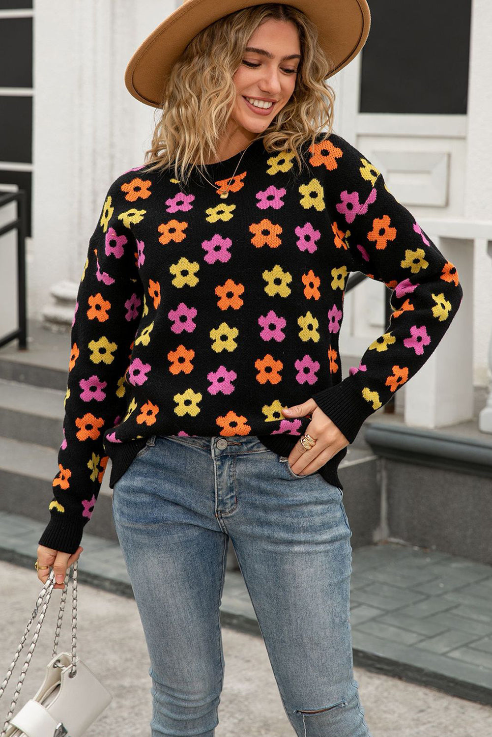 Black Cute Flower Allover Ribbed Trimmed Drop Shoulder Pullover Sweater