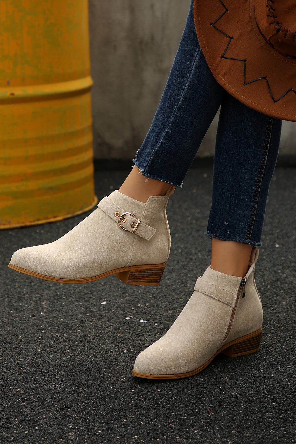 Beige Classic Buckle Strap Chunky Heel Suede Boots