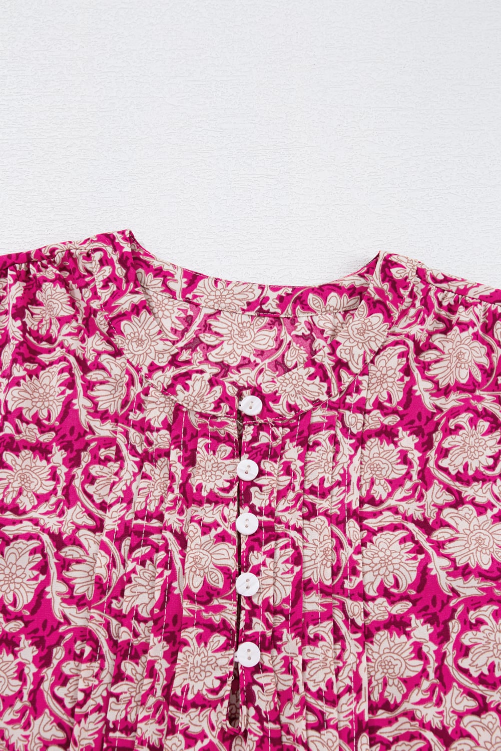 Pink Floral Print Split Neck Pleated Puff Sleeve Blouse