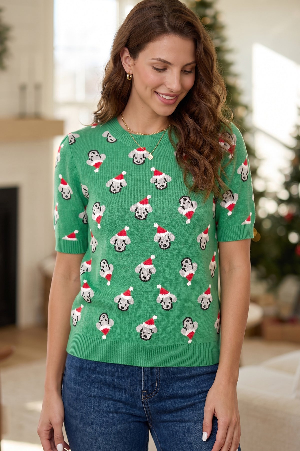 Dark Green Abstract Dog Pattern Christmas Round Neck Short Sleeve Sweater