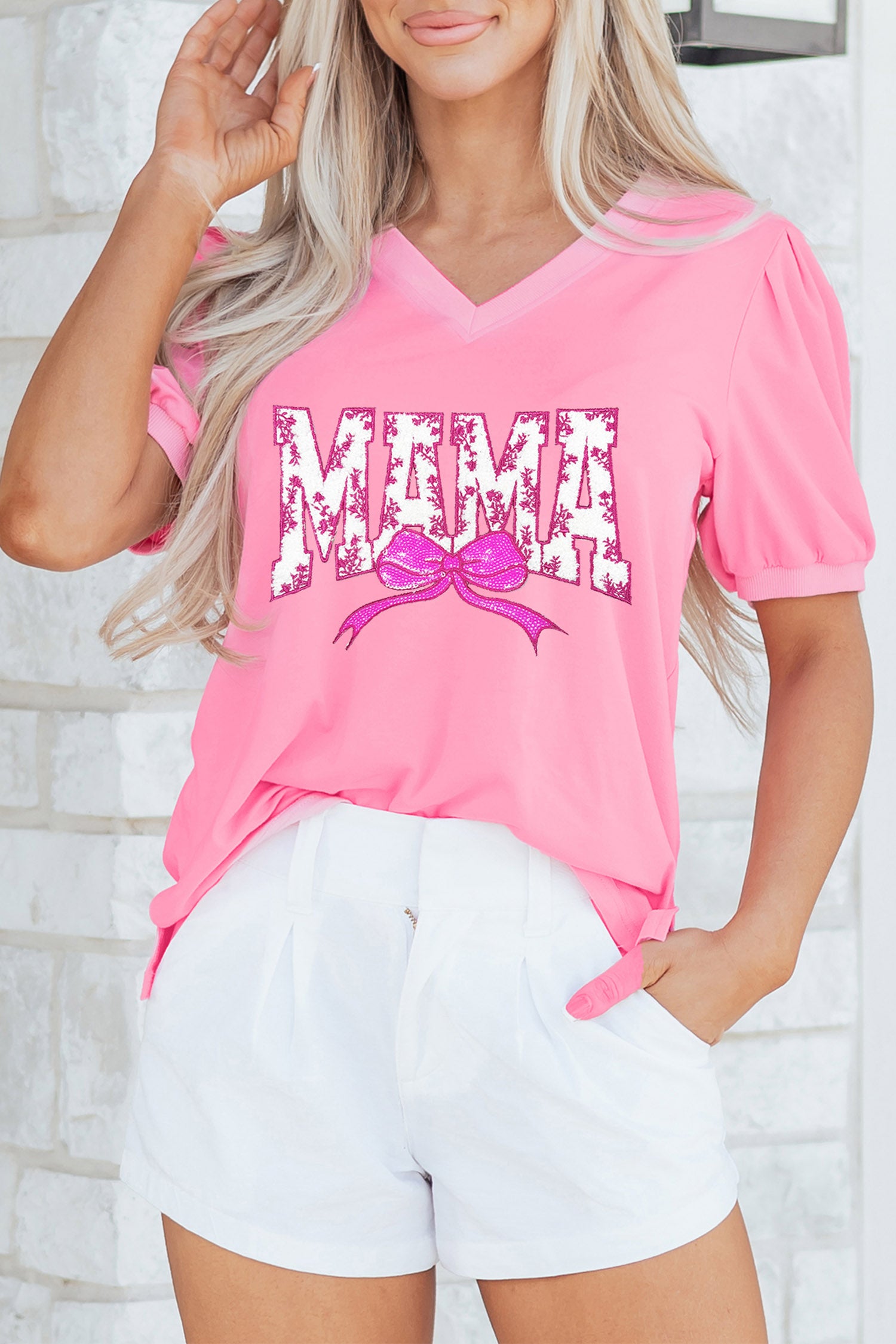 Bonbon Floral MAMA Lettering Sequin Bow V Neck Top