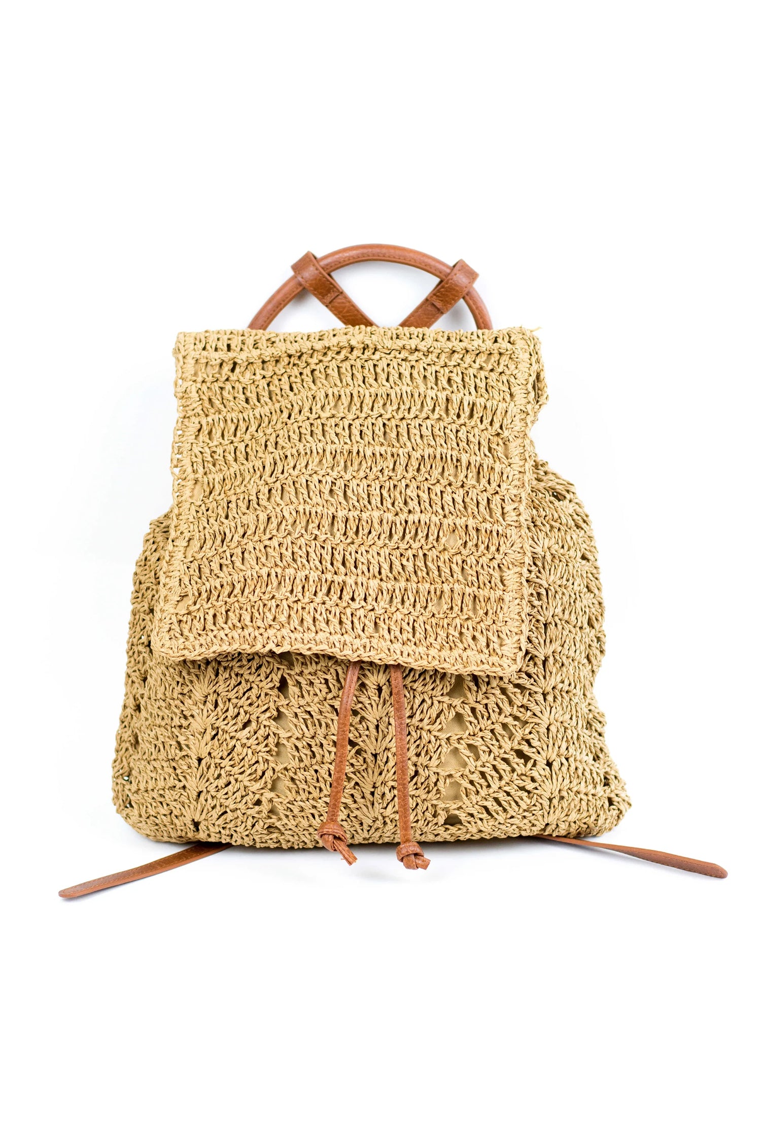 Thai Curry Retro Straw Woven PU Leather Straps Casual Backpack