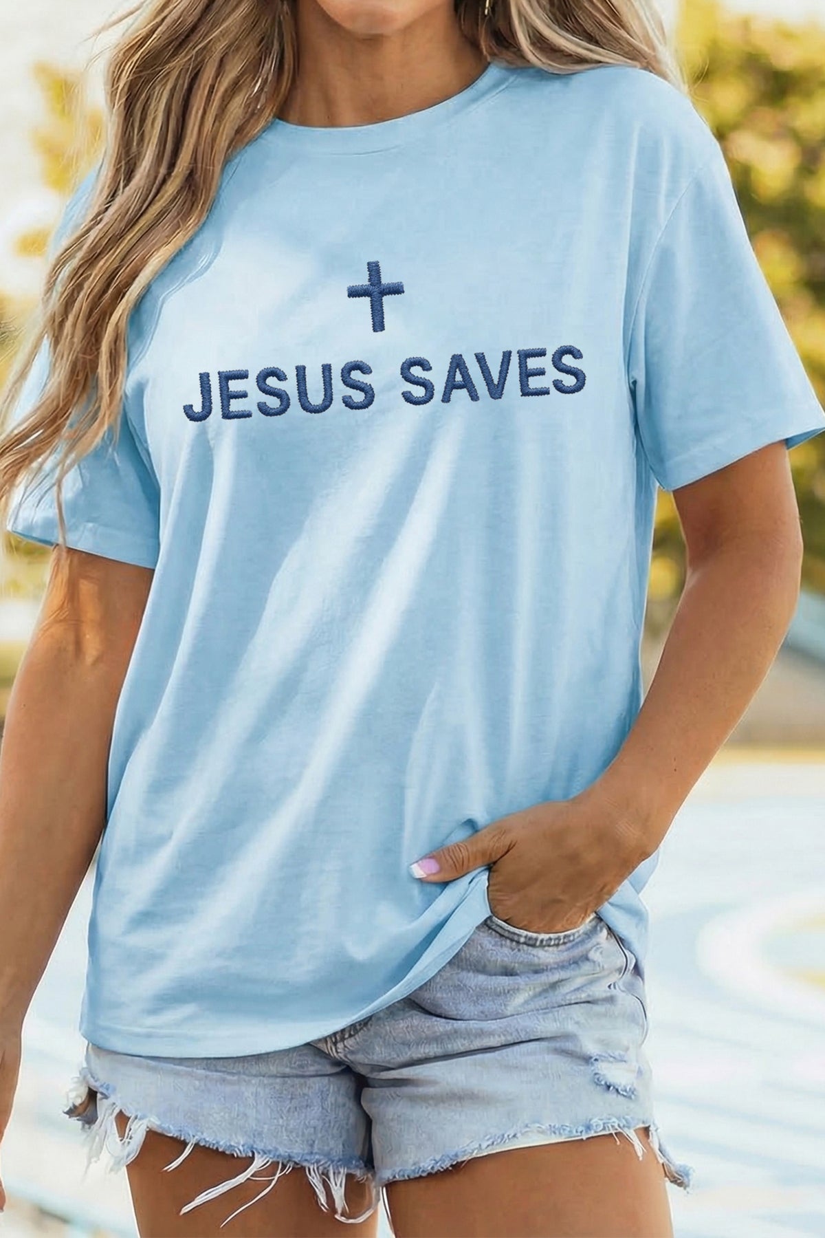 Light Blue Embroidered JESUS SAVES Slogan T Shirt