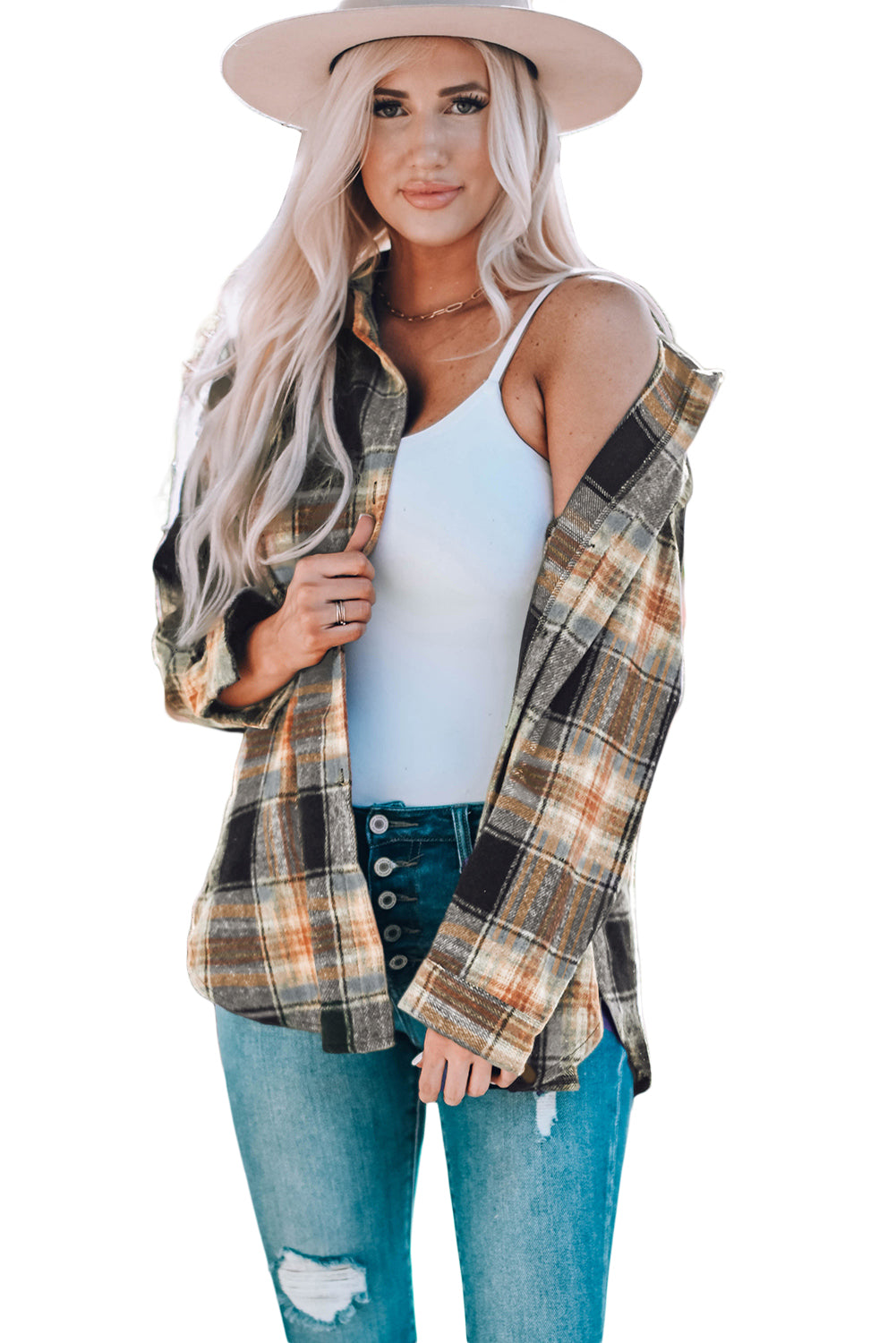 Black Oversize Rounded Hem Plaid Shacket with Slits
