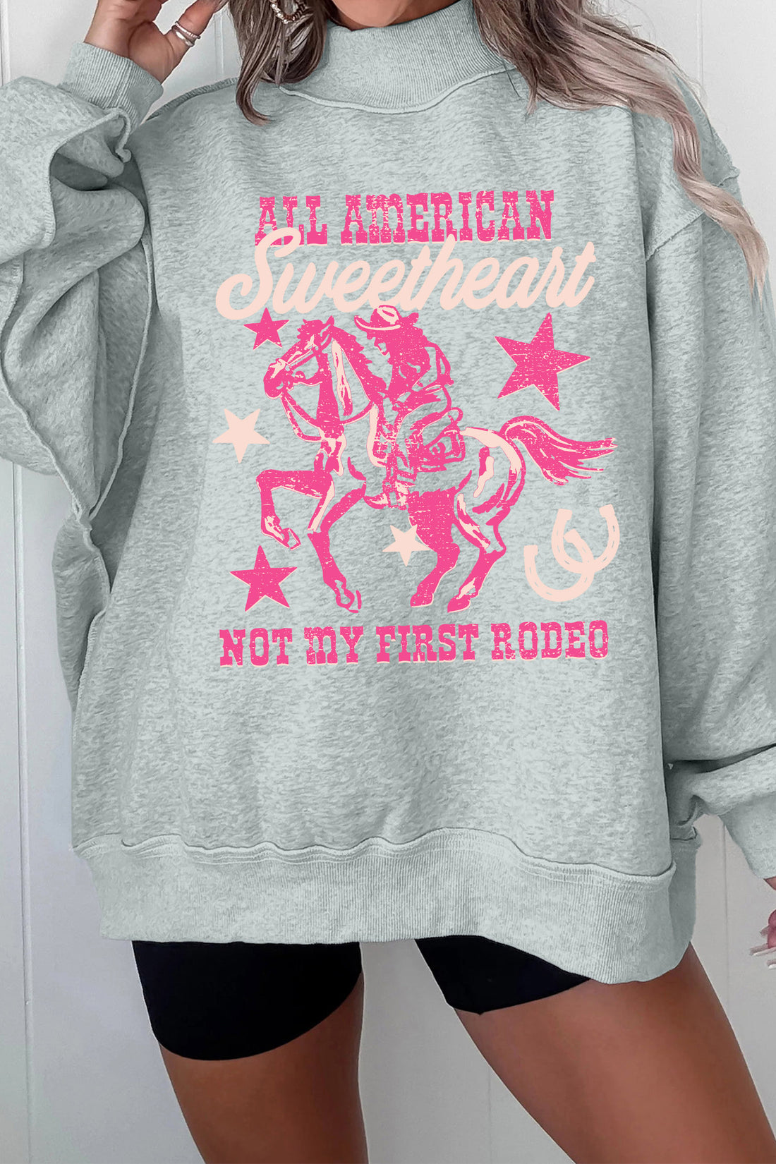 Gray Western Cowgirl Rodeo Print Mock Neck Graphic Sweatshirt