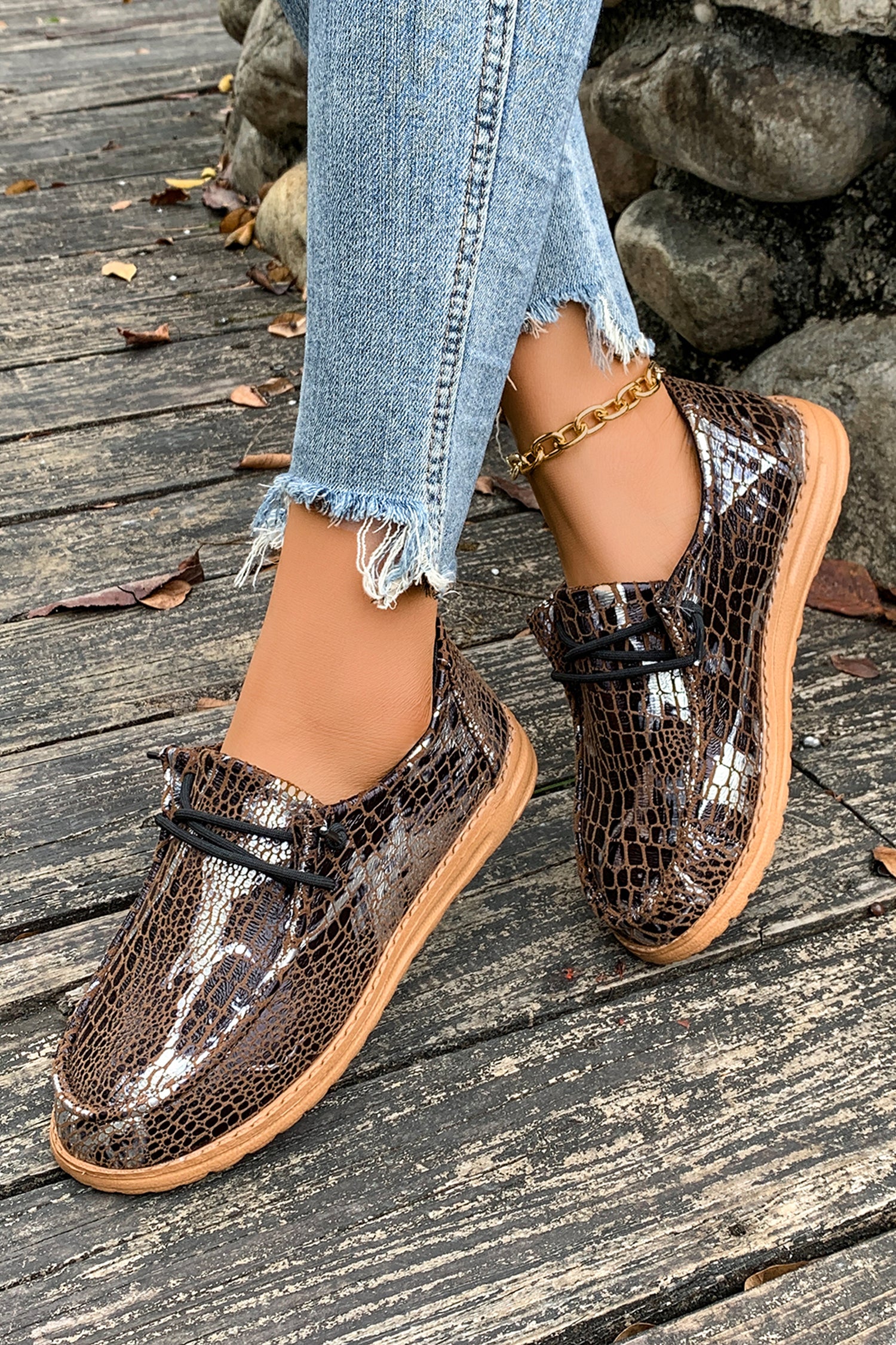 Coffee Sleek Snake Skin Print Lace-up Detail Comfort Loafer Shoes