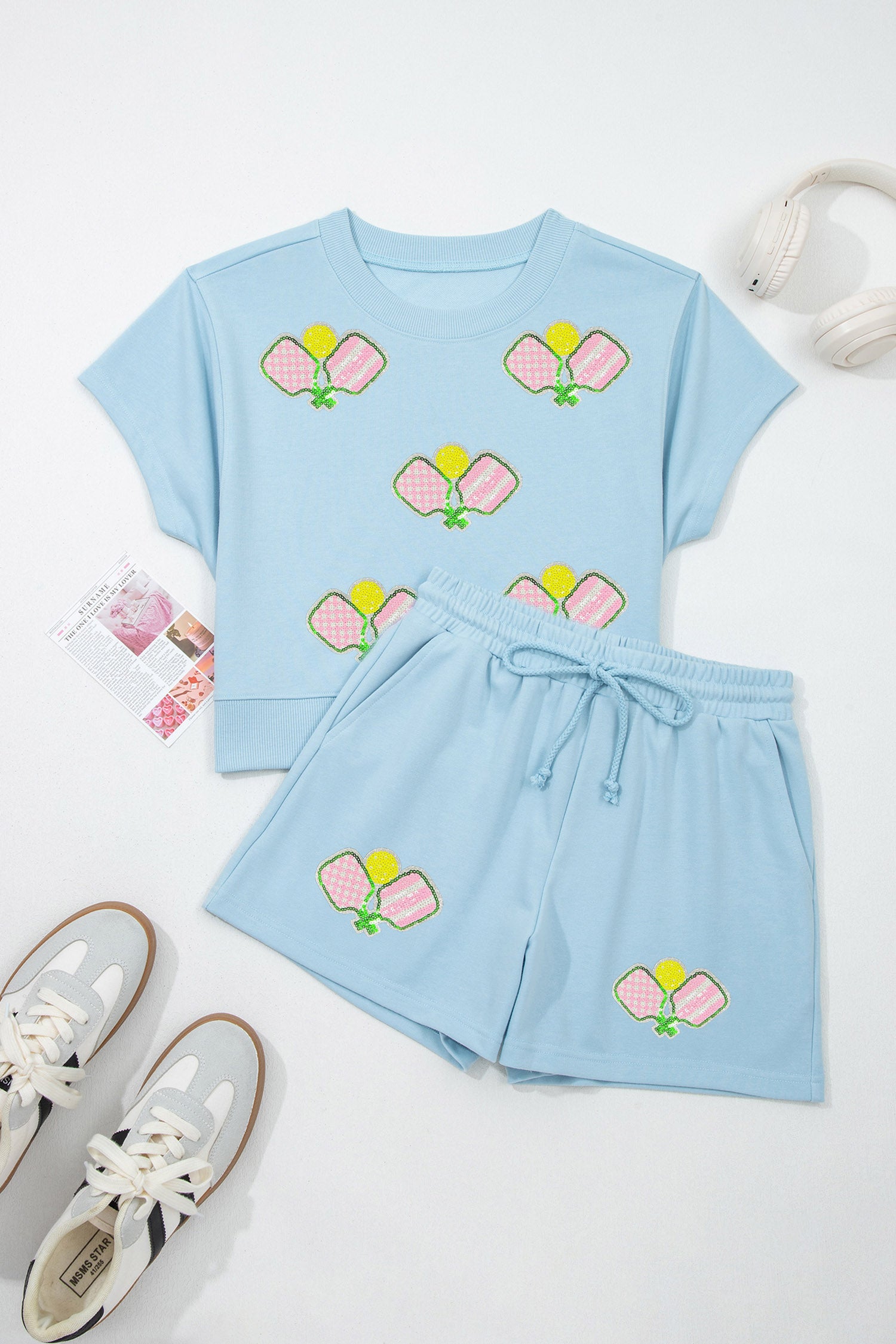 Mist Blue Sequin Pickleball Racket Print Casual Two Piece Shorts Set