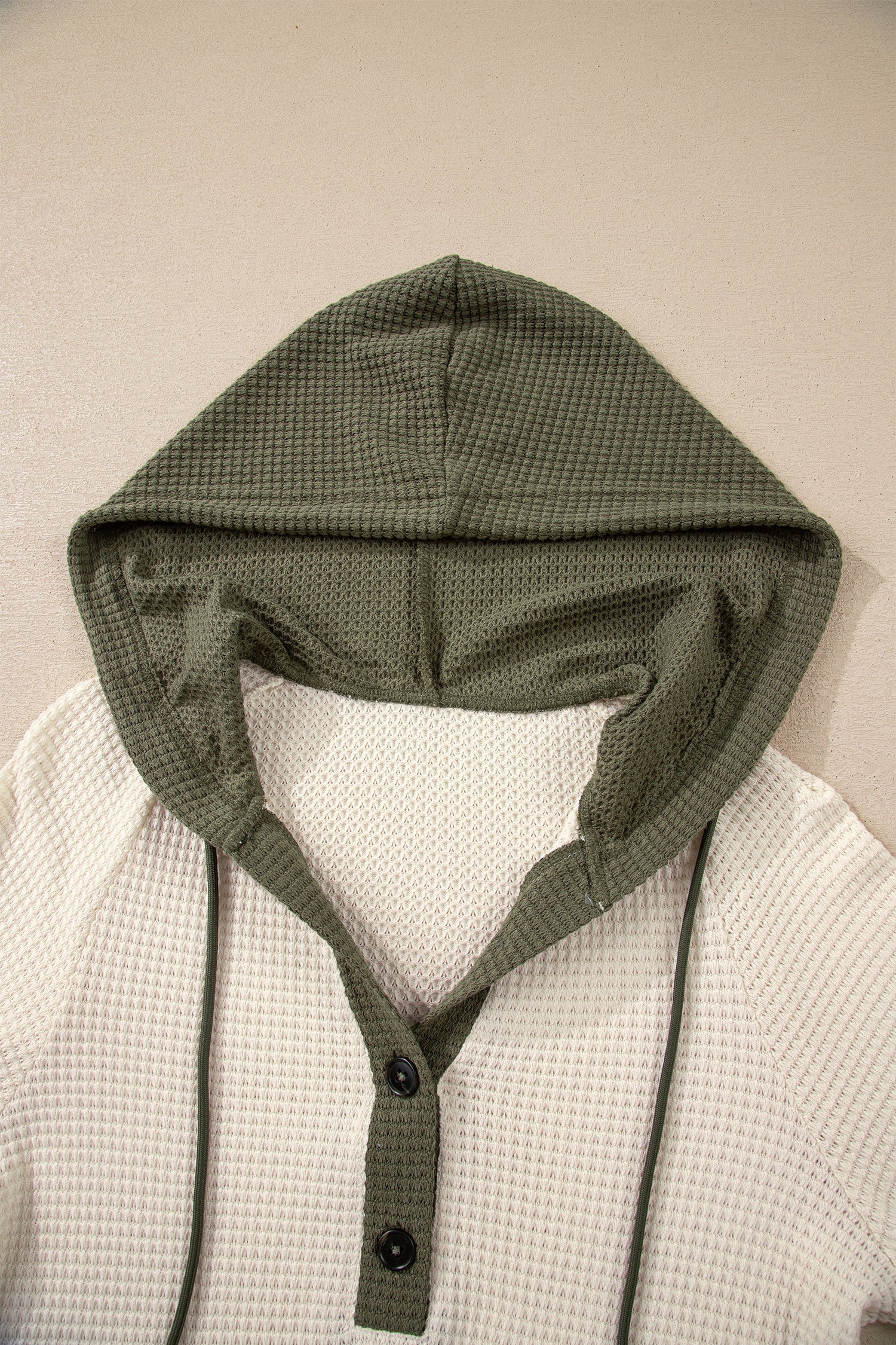 White Waffle Contrast Half Buttoned Hooded Pullover Top