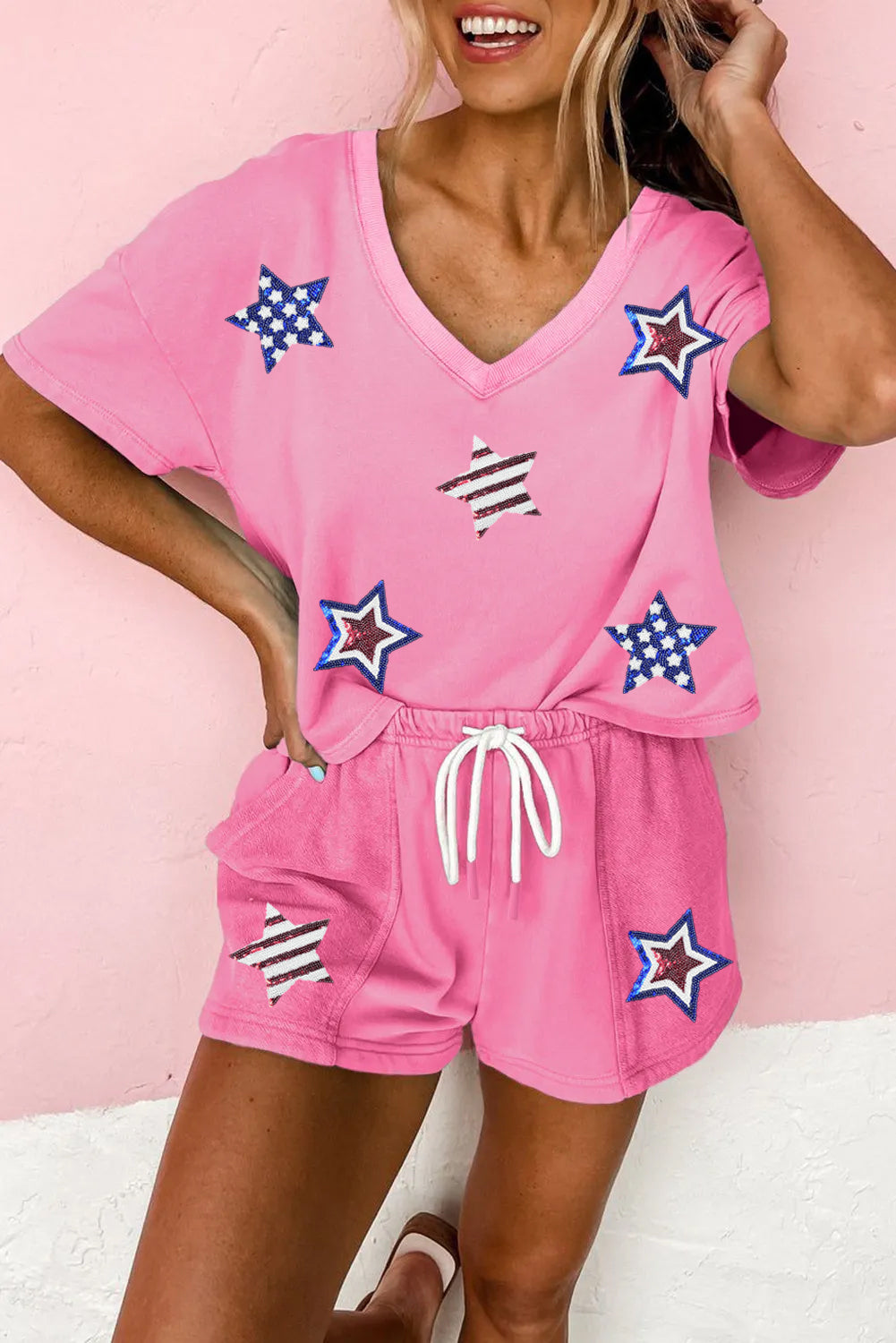Bonbon Sequin American Flag Star Patch V Neck Tee and Short Set