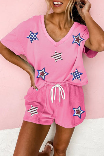 Bonbon Sequin American Flag Star Patch V Neck Tee and Short Set