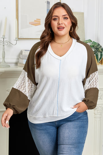Green Colorblock Lace Patchwork Balloon Sleeve V Neck Plus Size Blouse