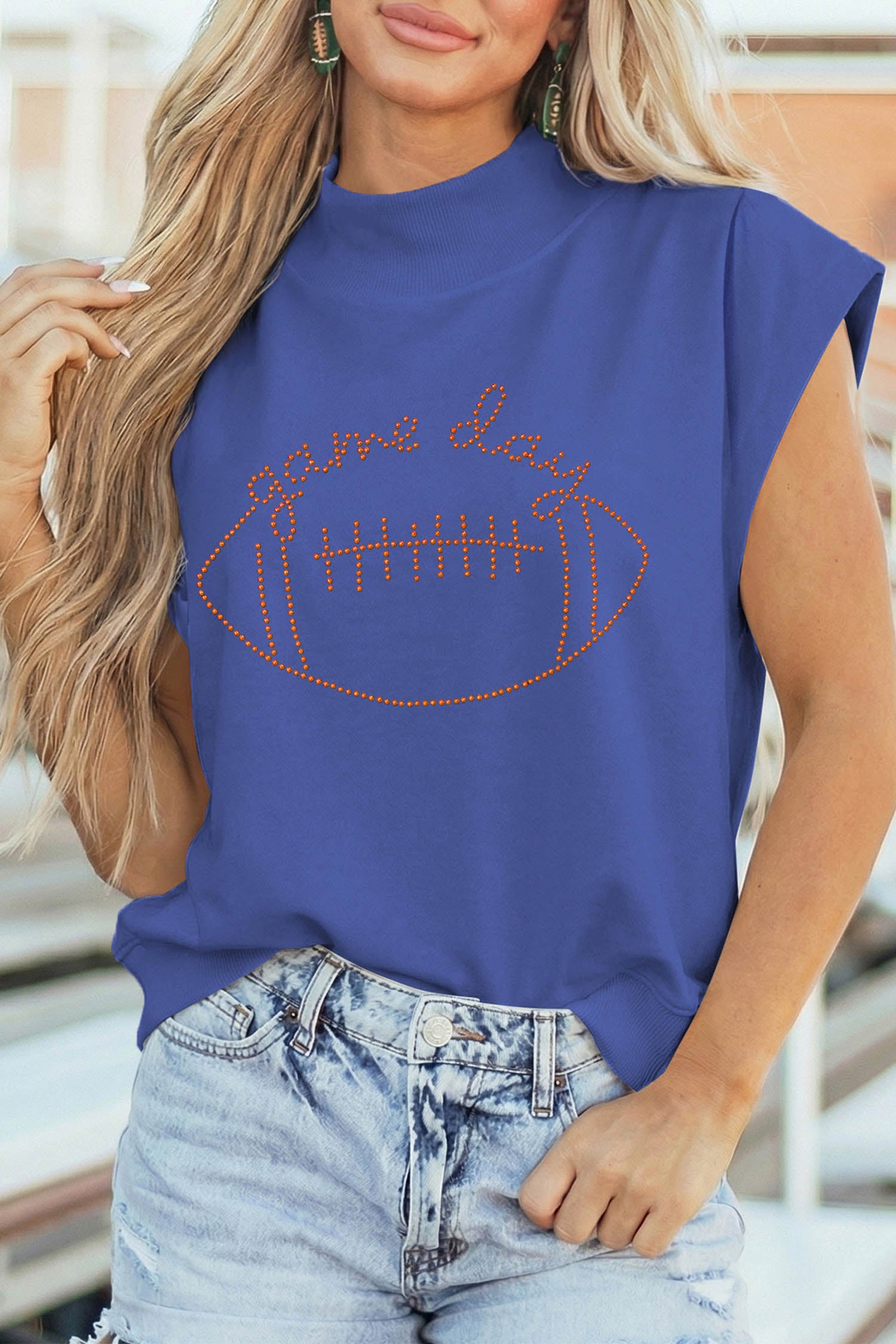 Sky Blue Casual High Neck Short Sleeve Game Day Football Rhinestone Top