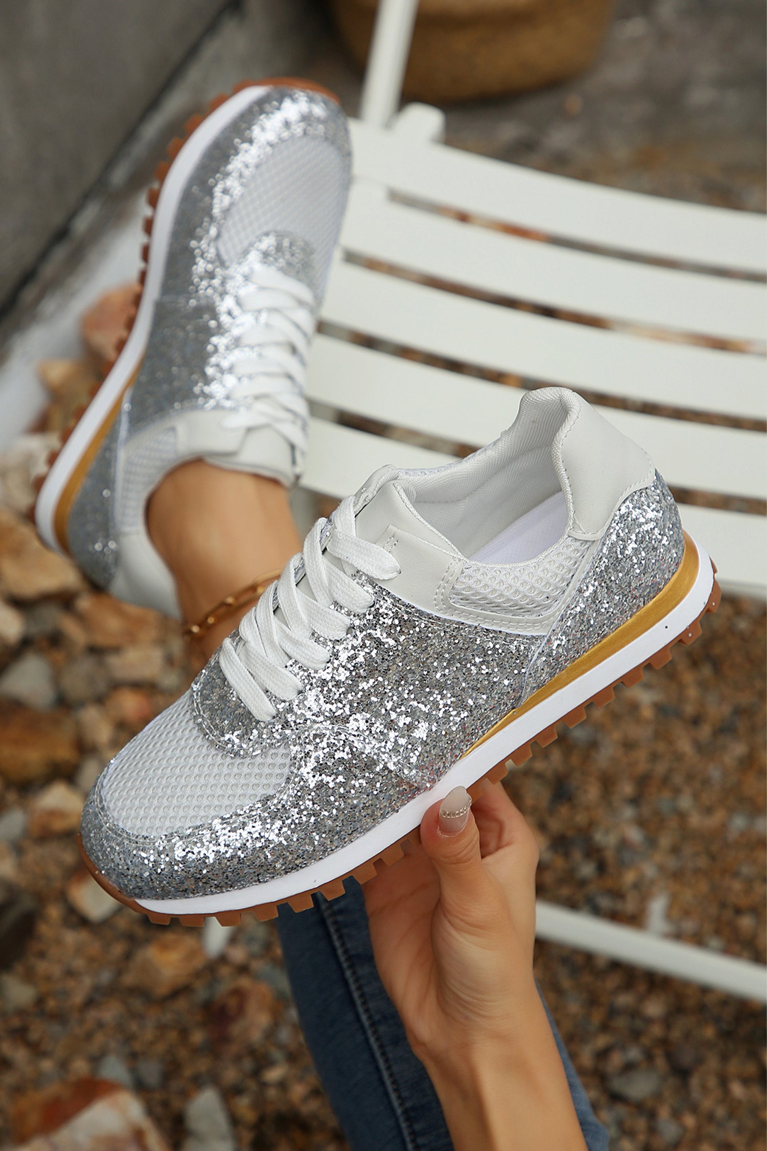 Silvery Sequin Mesh Patchwork Lace Up Sneakers