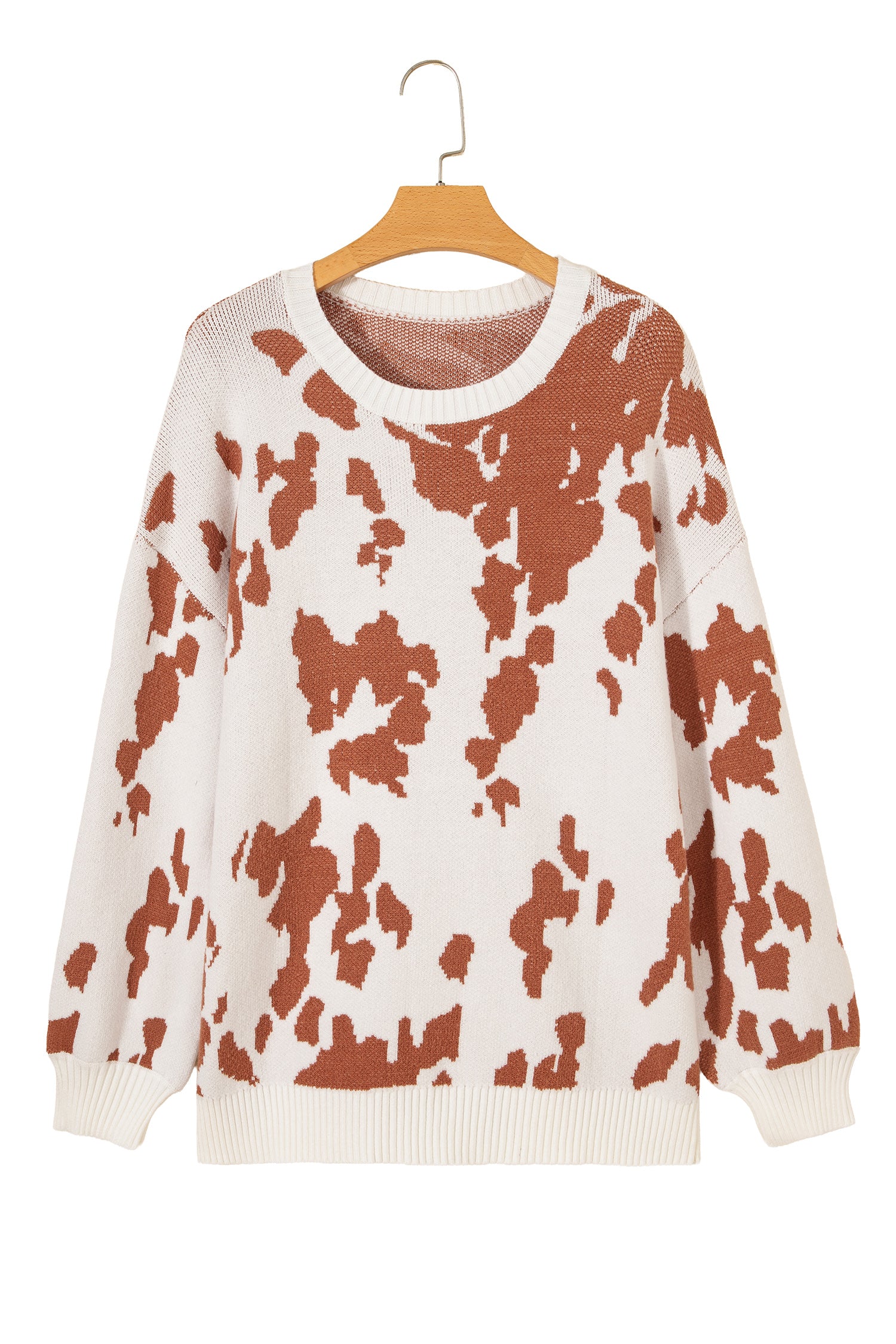 Khaki Abstract Print Drop Shoulder Long Sleeve Round Neck Sweater