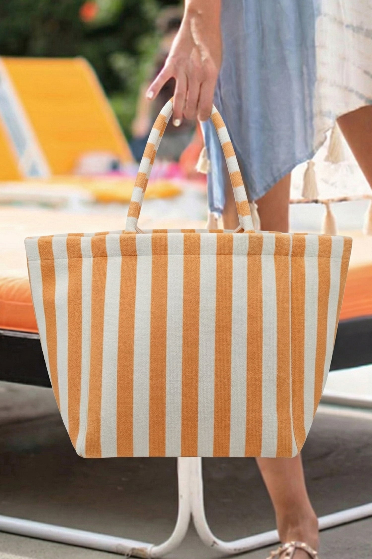 Grapefruit Orange Striped Terry Large Beach Tote Bag