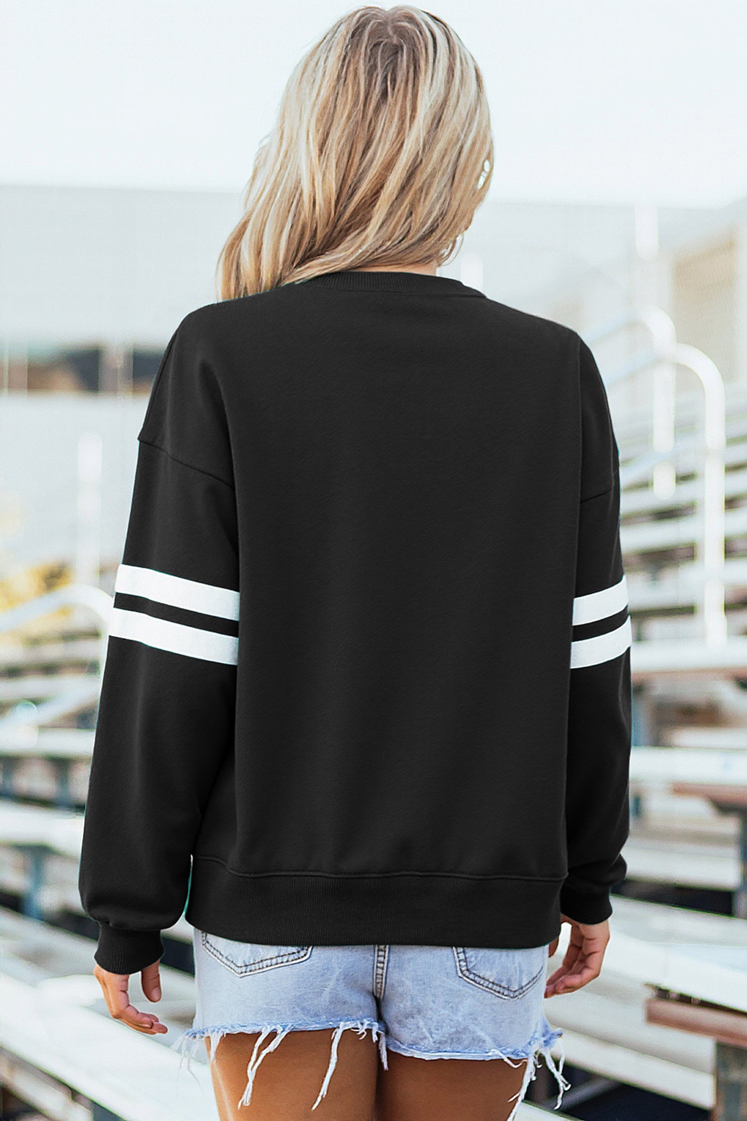 Black Sequin Halloween Ghosts Bows Graphic Varsity Striped Sleeve Casual Pullover Sweatshirt