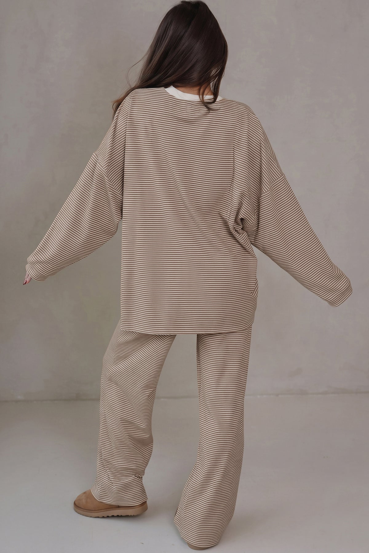 Beige Stripe Contrast Trim Round Neck Oversize Long Sleeve Top 2pcs Pant Set