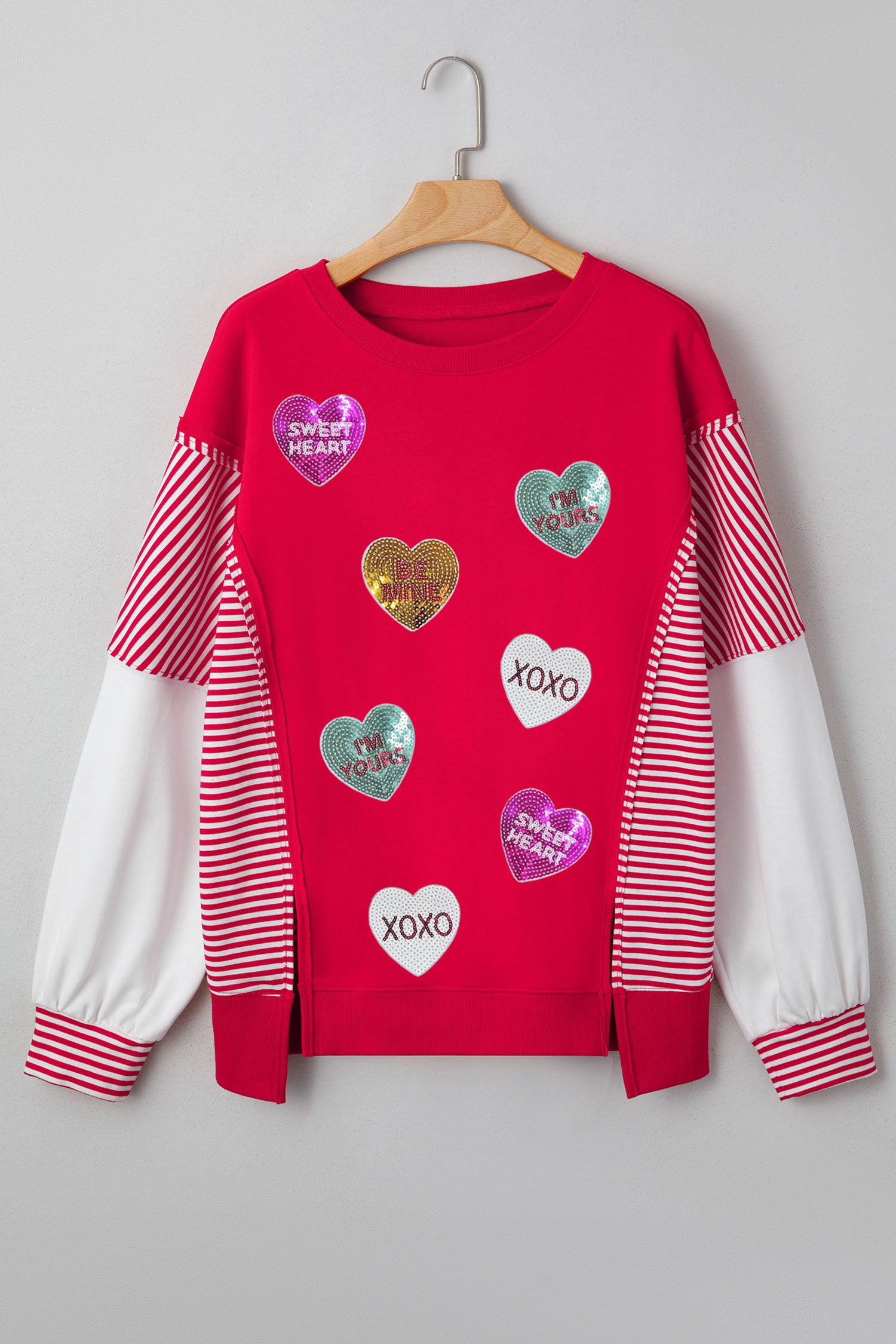Fiery Red Valentines Day Slogan Sequin Heart Graphic Striped Color Block Patchwork Sweatshirt