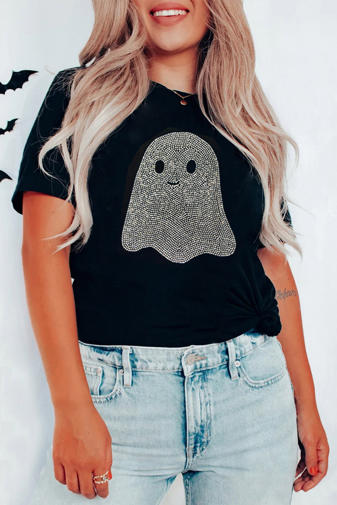 Black Rhinestone Ghost Halloween T Shirt