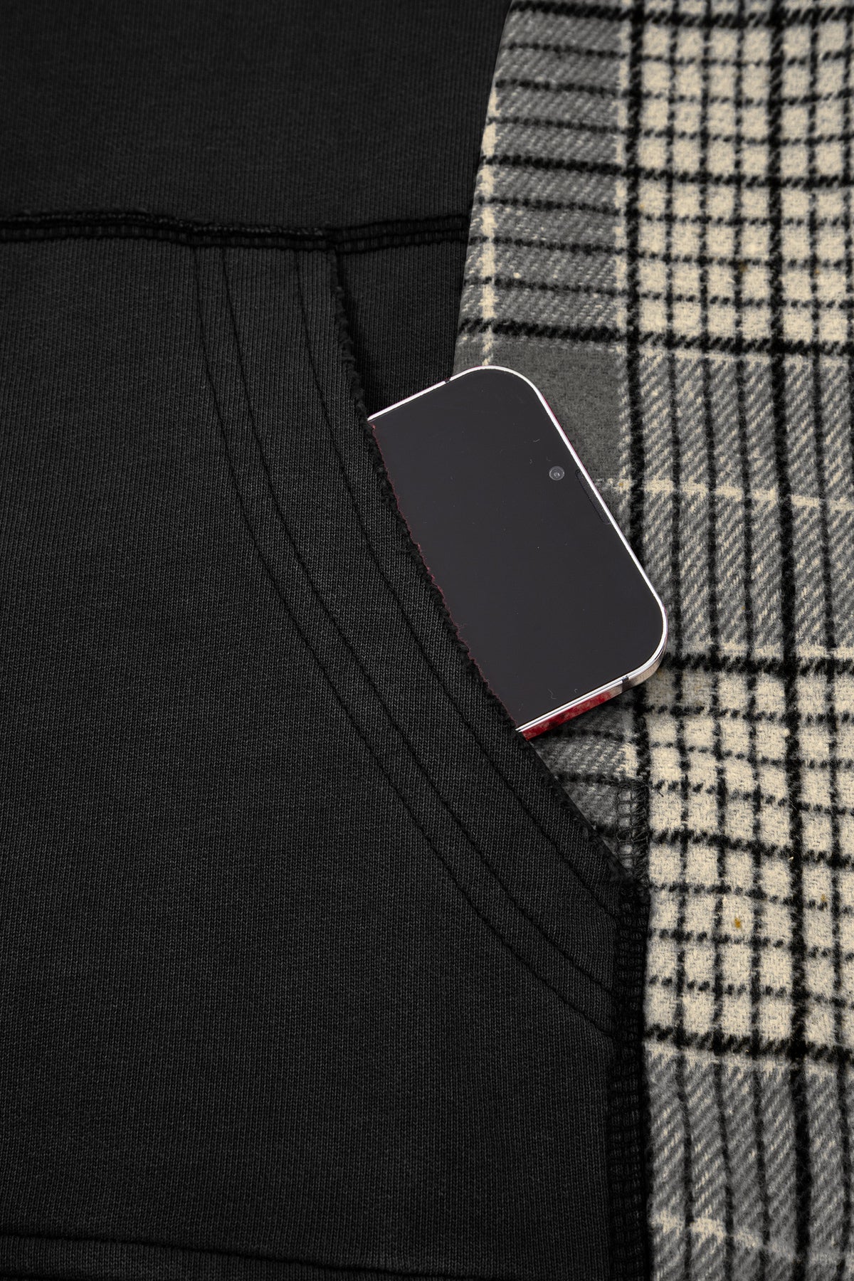 Black Plaid Sleeve Drawstring Pocket Hooded Sweatshirt