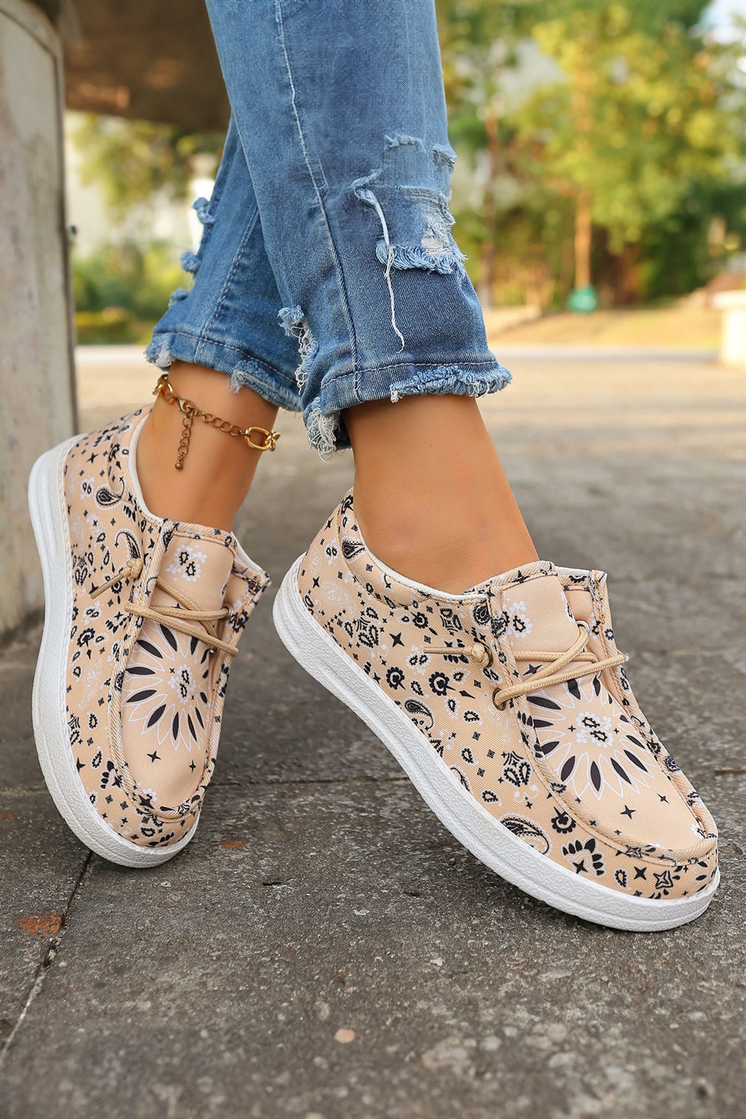 Khaki Boho Floral Print Lace-up Detail Canvas Flat Shoes
