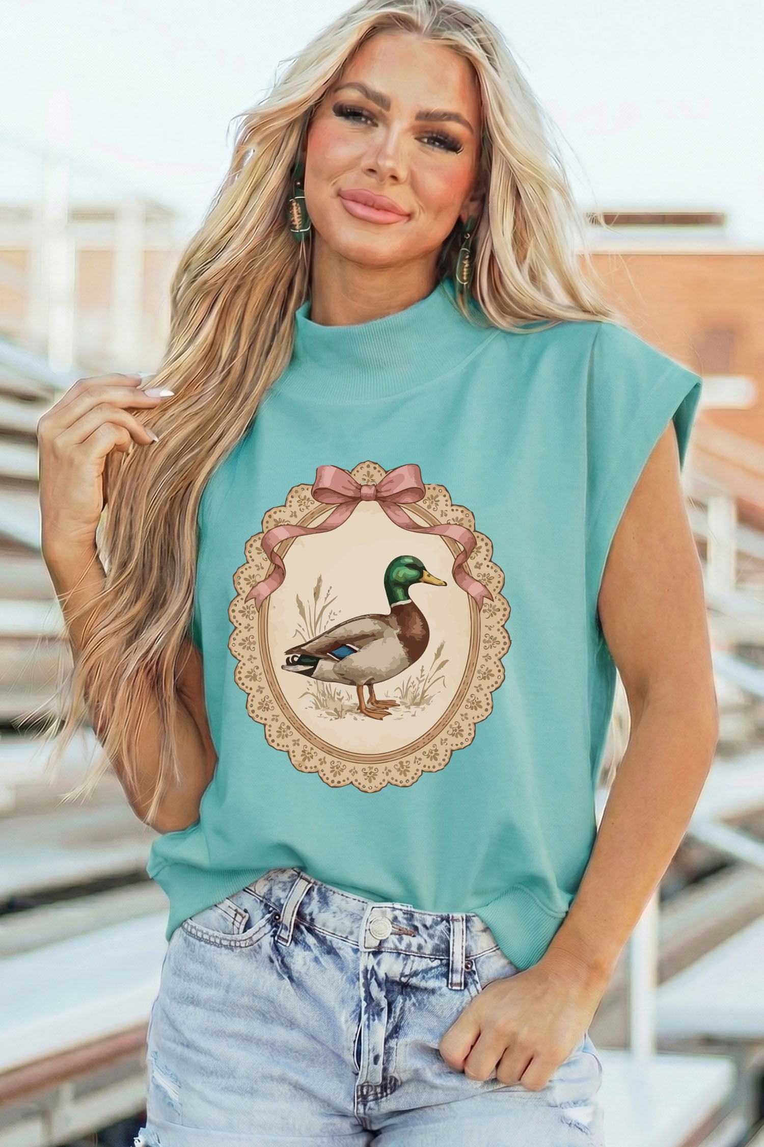 Mint Green Retro Duck Print High Neck Short Sleeve Tunic Top