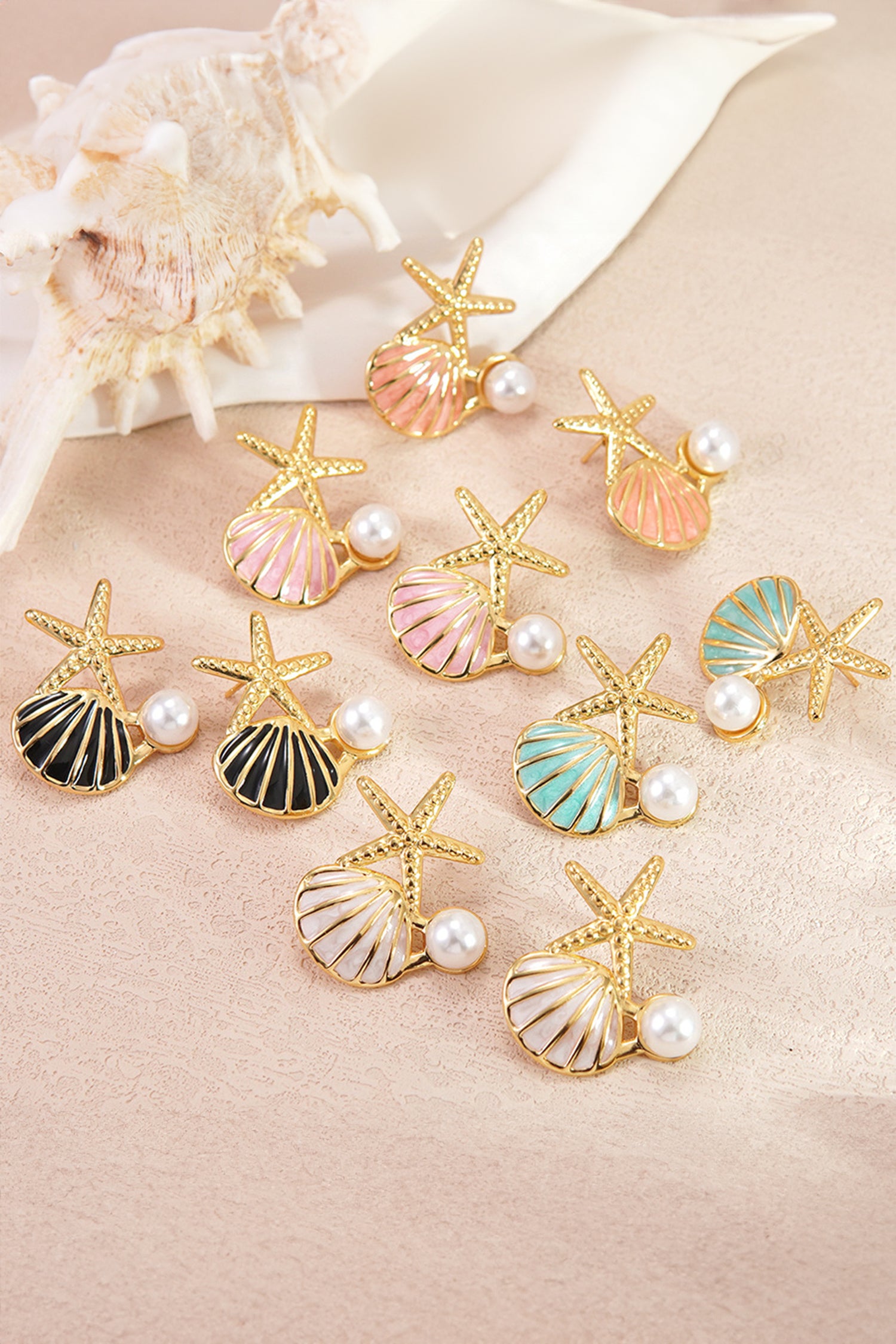 Pink Shell Pearl Starfish Boho Vacation Earrings