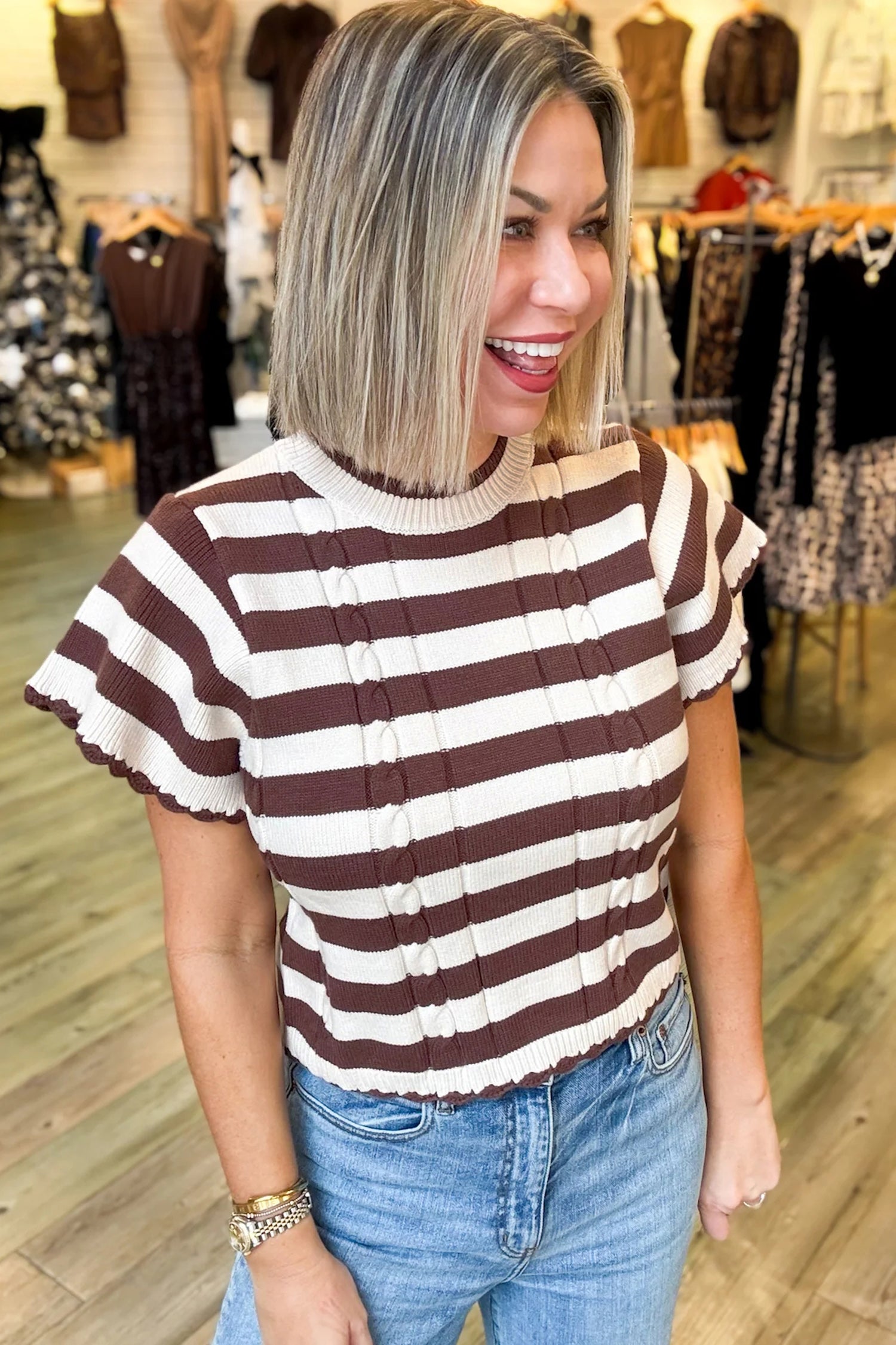 Brown Stripe Ribbed Knit Cable Detail Short Sleeve Sweater