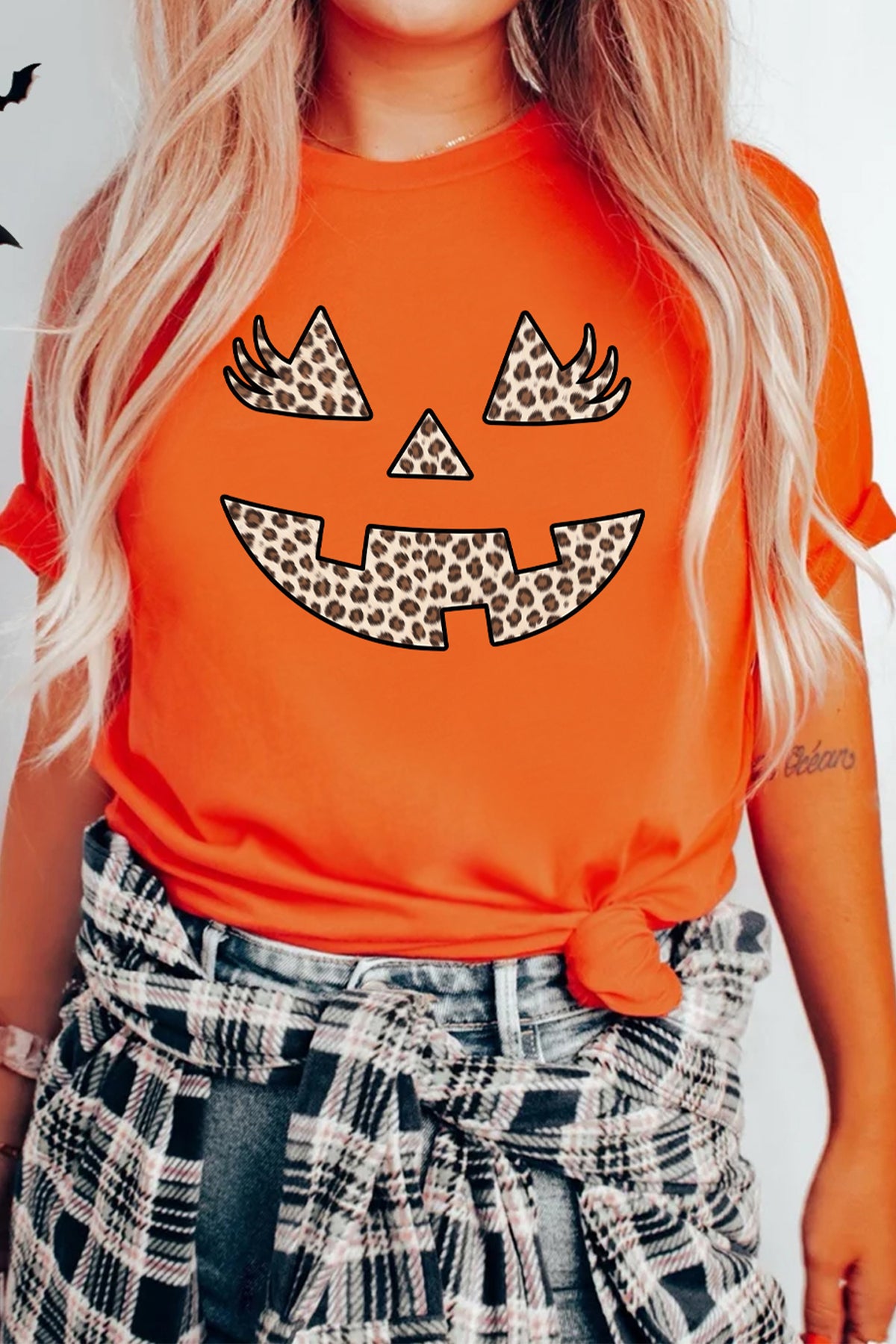 Orange Leopard Print Halloween Pumpkin Face Round Neck Casual Tee