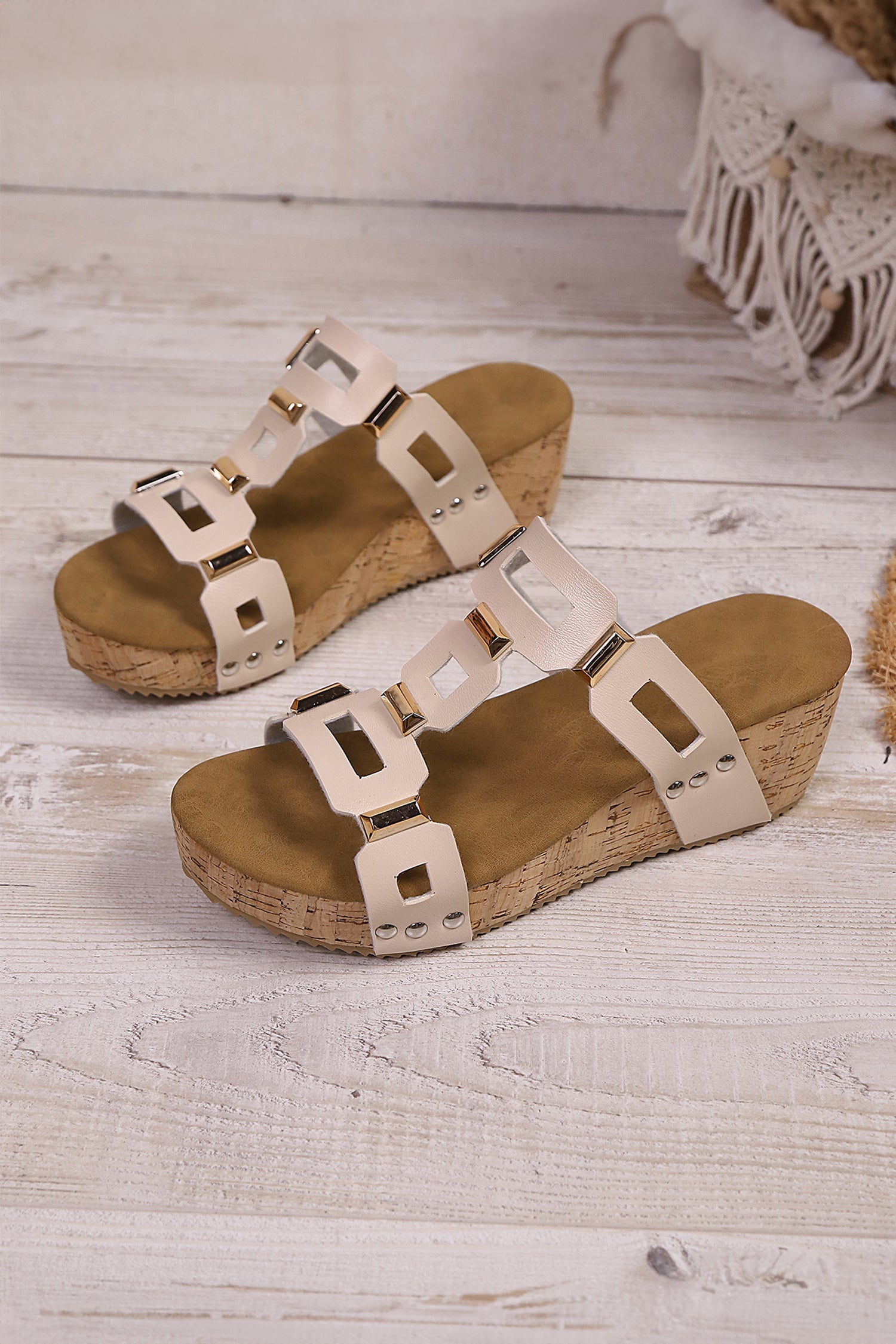 Beige Retro Hollowed PU Leather Wedge Platform Slippers