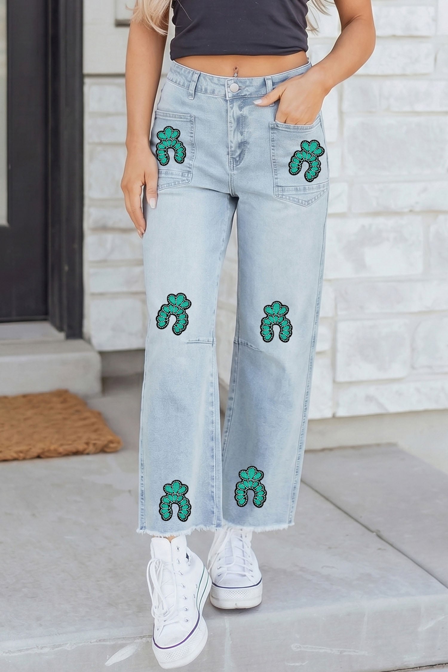 Beau Blue Turquoise Embroidered Patch Jeans Raw Hem Ankle-length Jeans
